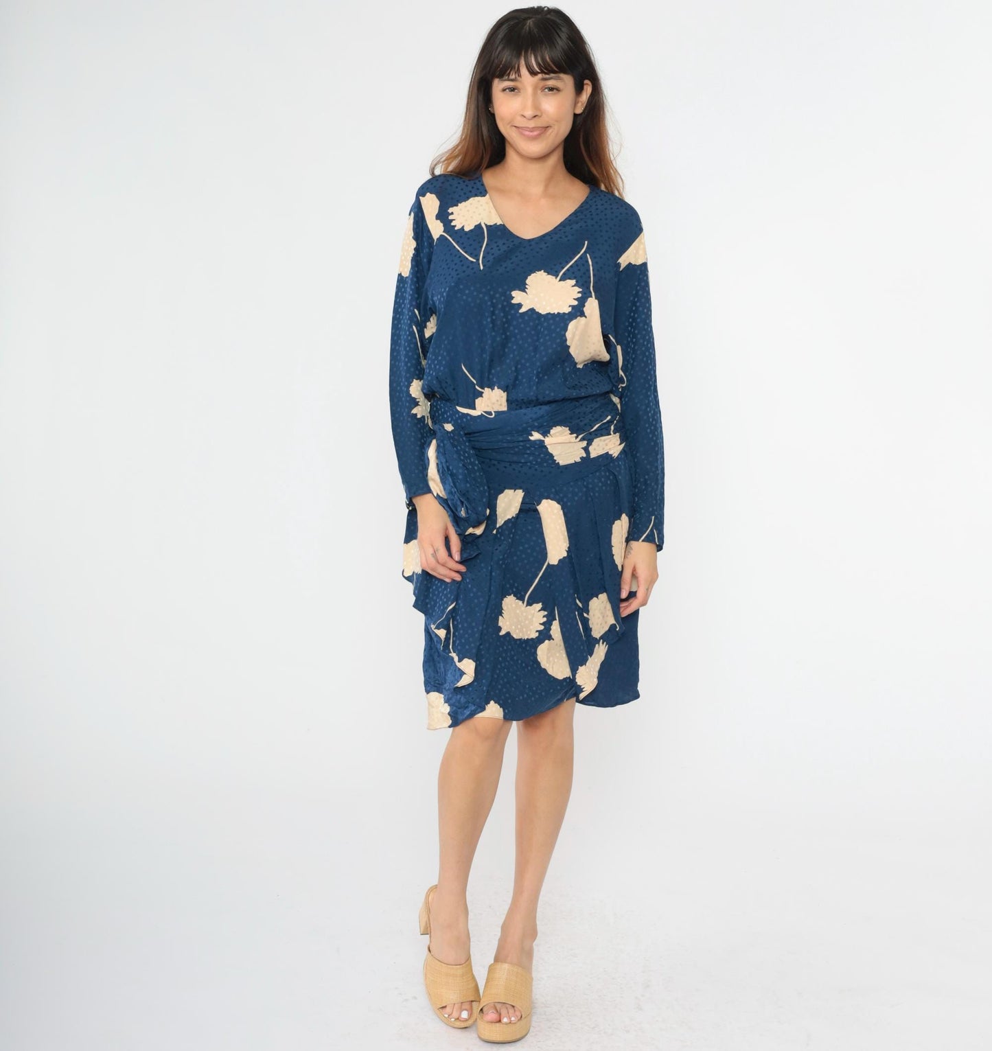 80s Liancarlo Per Cache Silk Midi Dress Navy Floral Peplum Small 4