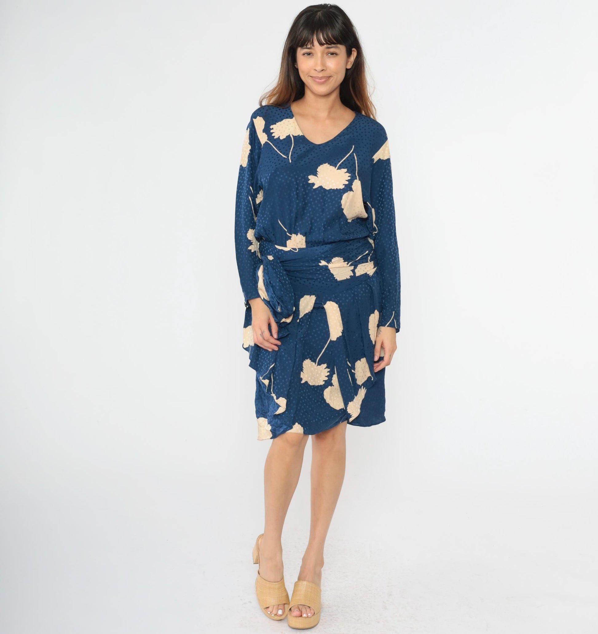 80s Liancarlo Per Cache Silk Midi Dress Navy Floral Peplum Small 4