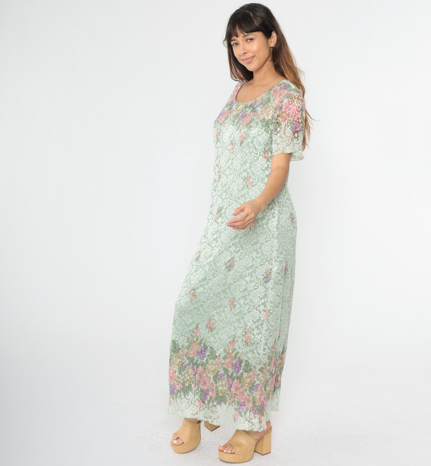 90s Shar Ade of California Pastel Green Floral Lace Maxi Dress Plus Size XXL
