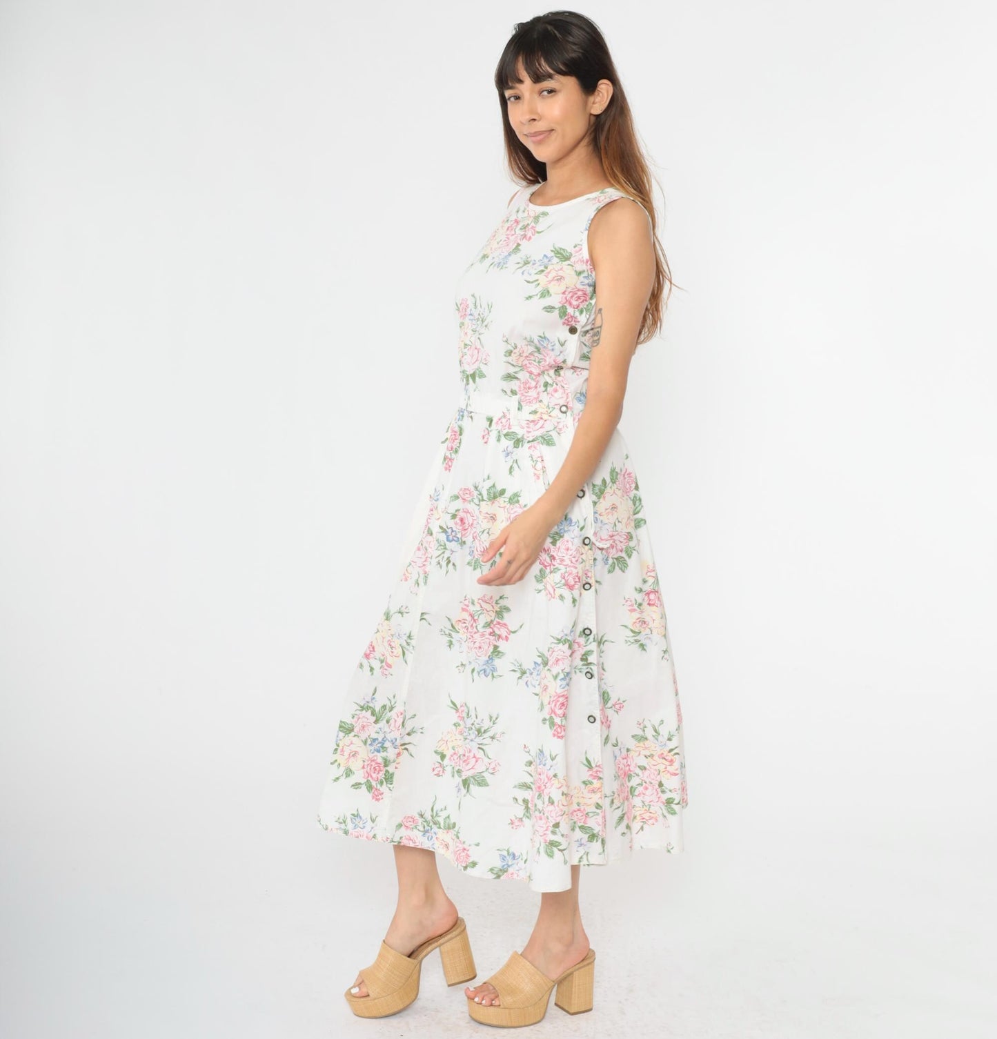 90s Liz Wear Floral Midi Dress White Pastel High Waist Sleeveless Small Petite