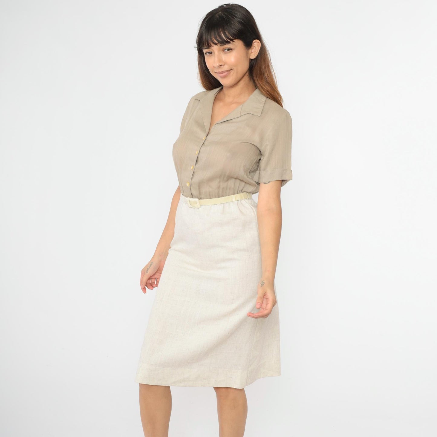 80s Taupe Button-Up Midi Shirtdress High-Waisted Cream Pencil Skirt Small