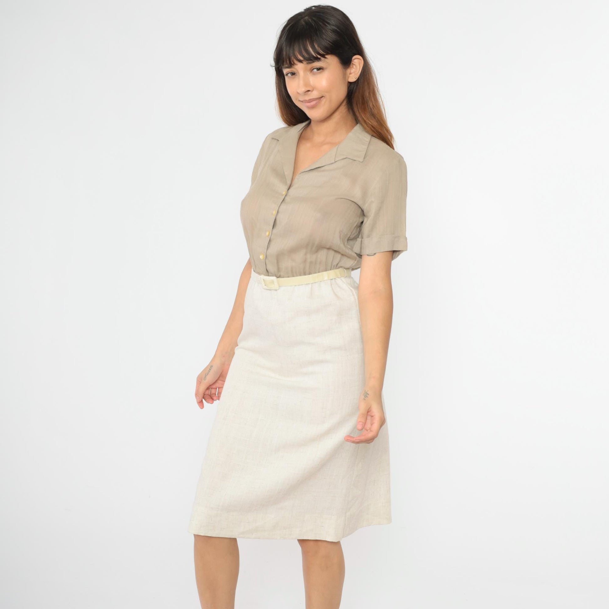 80s Taupe Button-Up Midi Shirtdress High-Waisted Cream Pencil Skirt Small