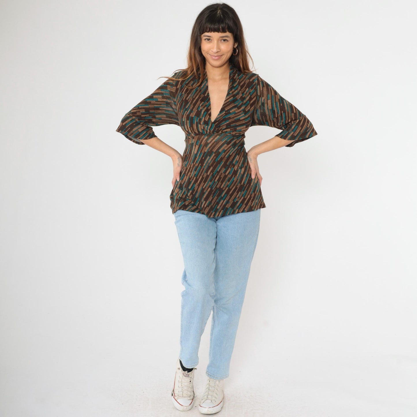 Y2K Briggs New York Striped Blouse Empire Waist Deep V Neck Brown Teal Large Petite
