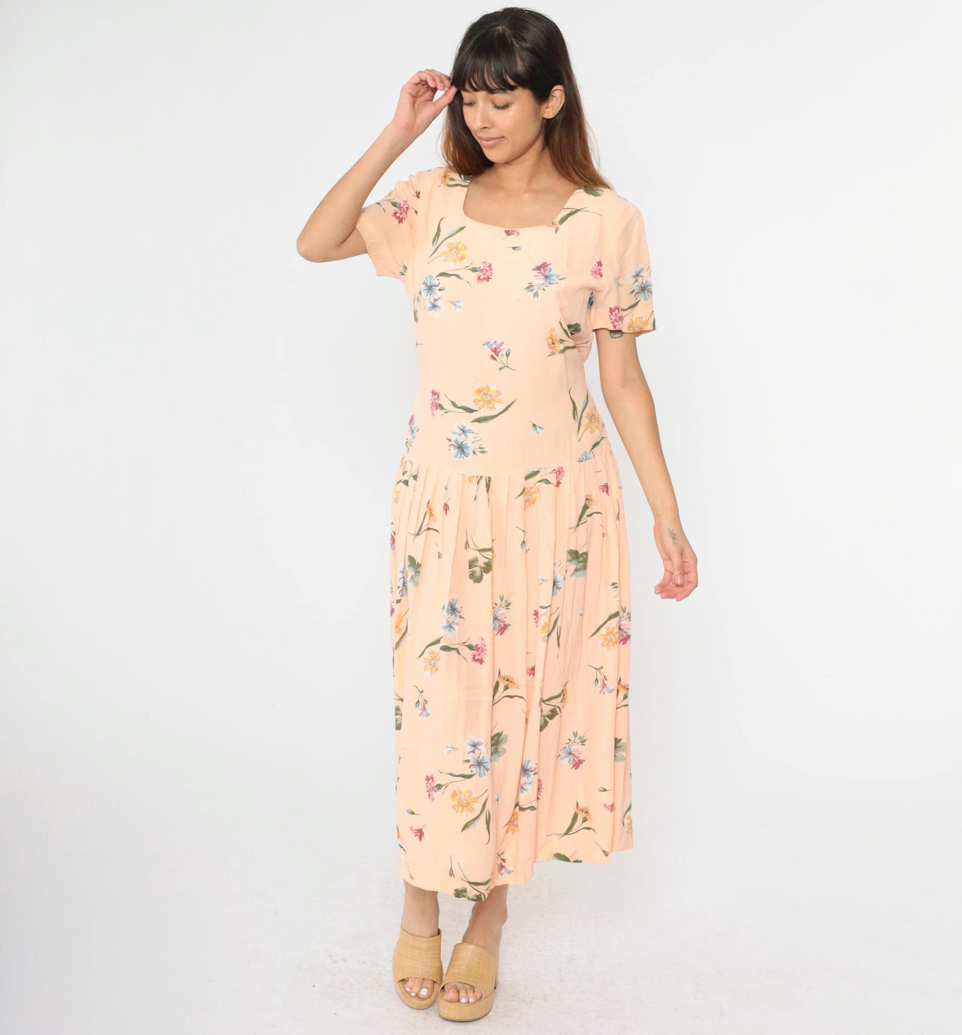 90s Talbots Peach Floral Maxi Dress Drop Waist Pleated Button Back Large