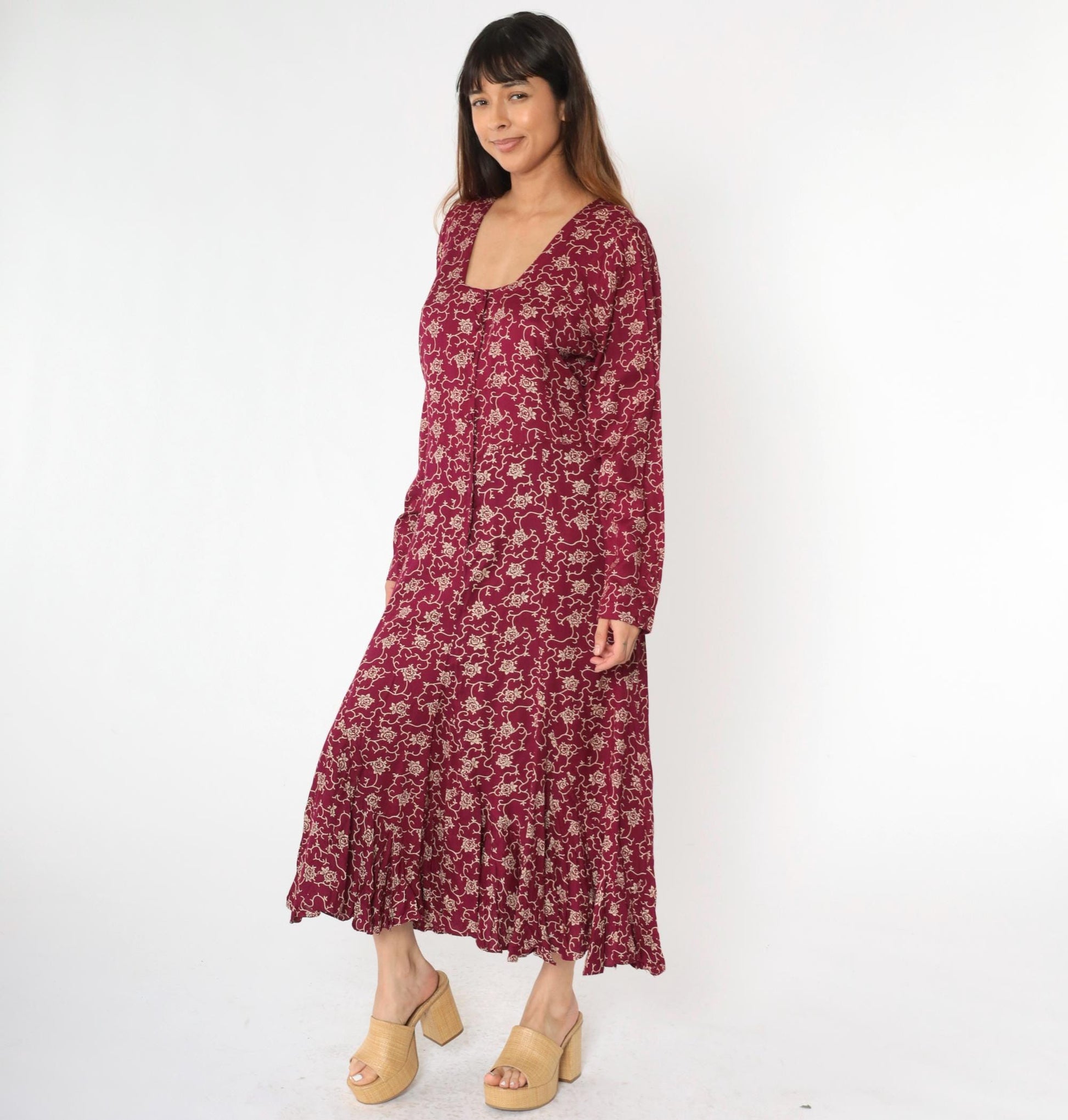 90s Burgundy Floral Maxi Dress Button-Up Long Sleeve Square Neck Extra Large XXL