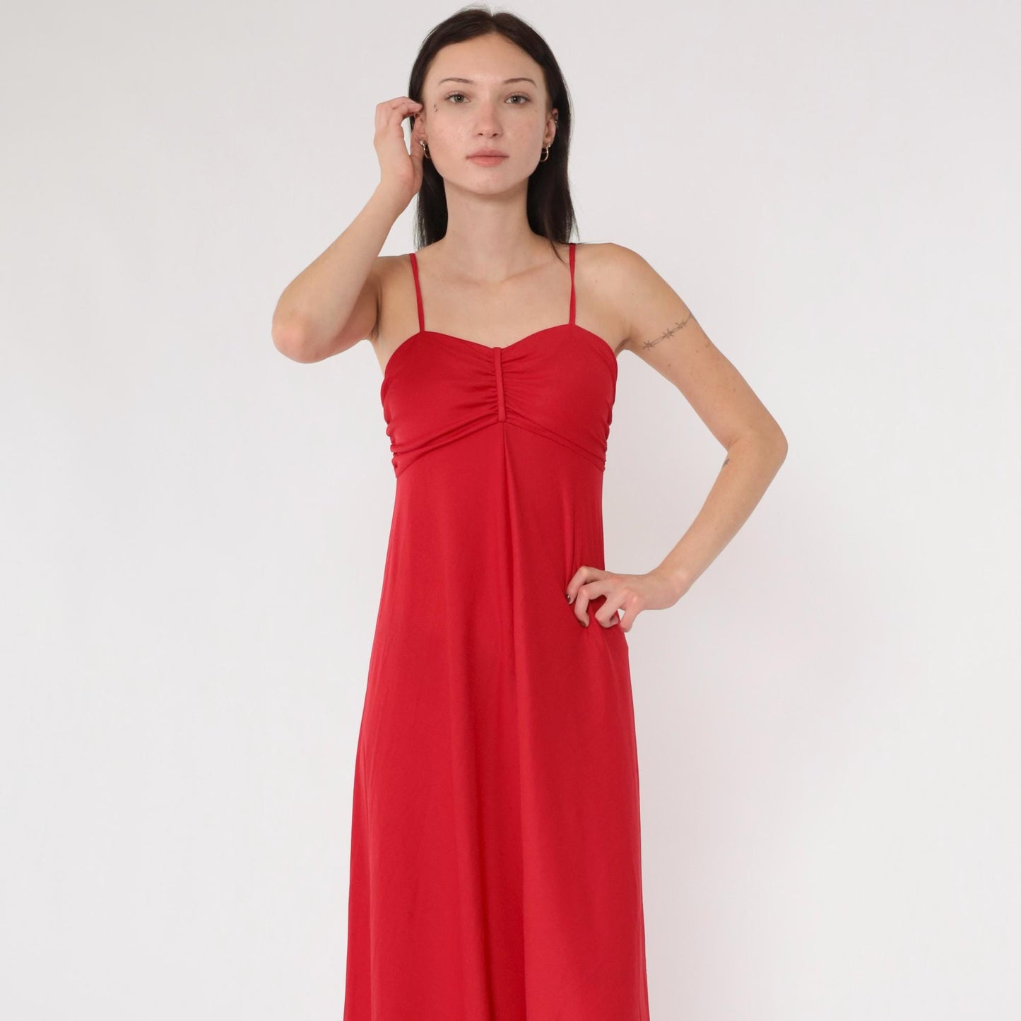 70s Red Maxi Dress Empire Waist Spaghetti Strap Gathered Bodice Extra Small