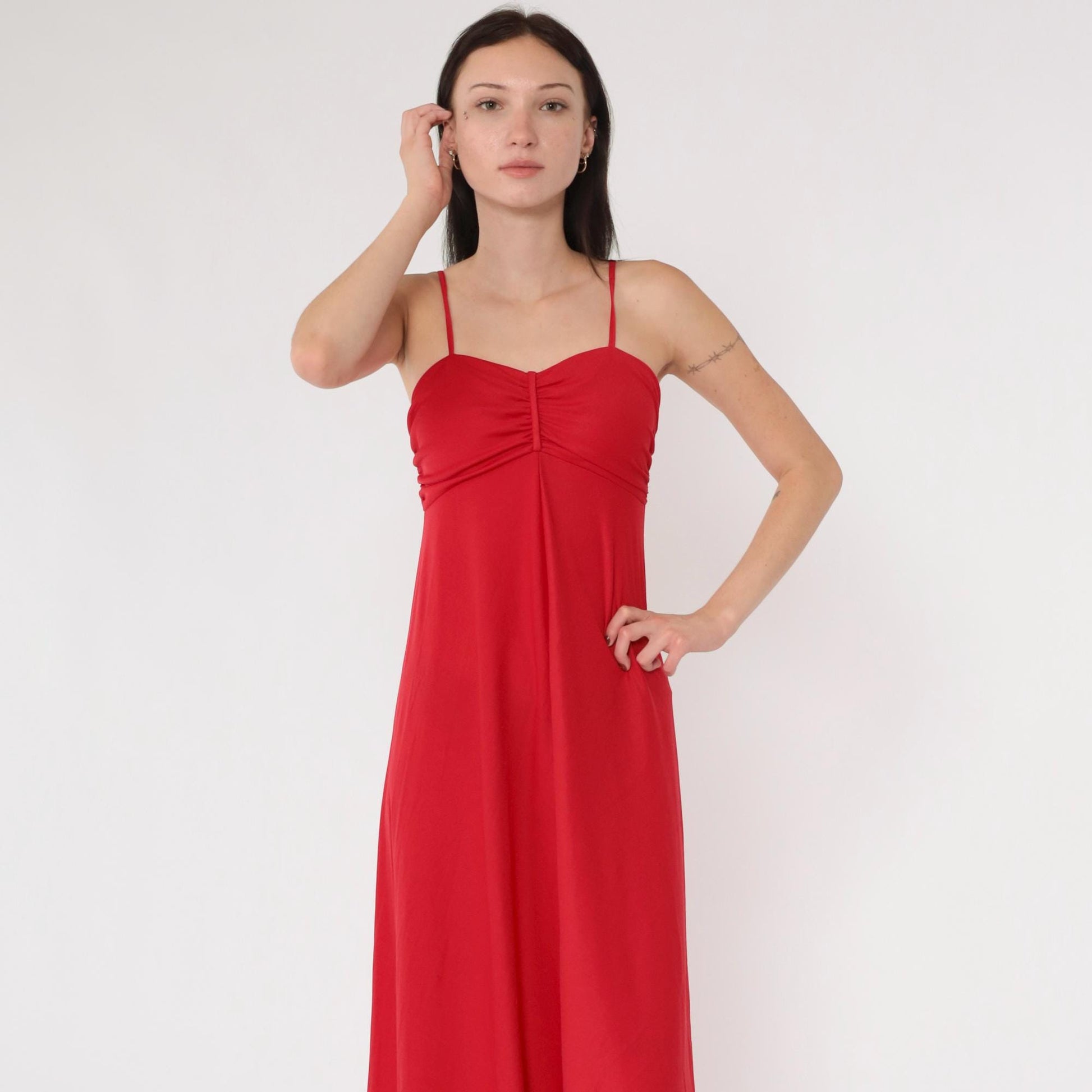 70s Red Maxi Dress Empire Waist Spaghetti Strap Gathered Bodice Extra Small
