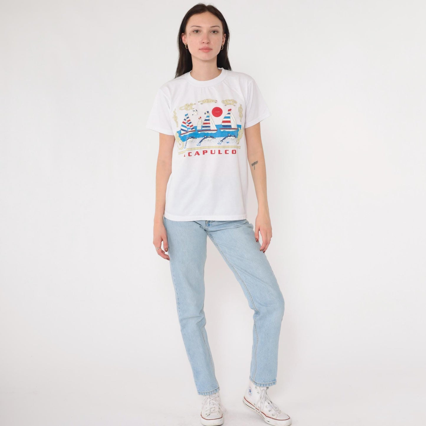 90s Acapulco Mexico Dolphin Nautical Graphic T-Shirt White Medium