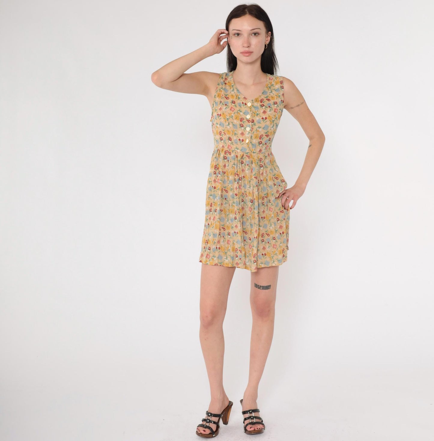 90s Floral Checkered Patchwork Mini Dress Tan Sleeveless Collared A-Line Small