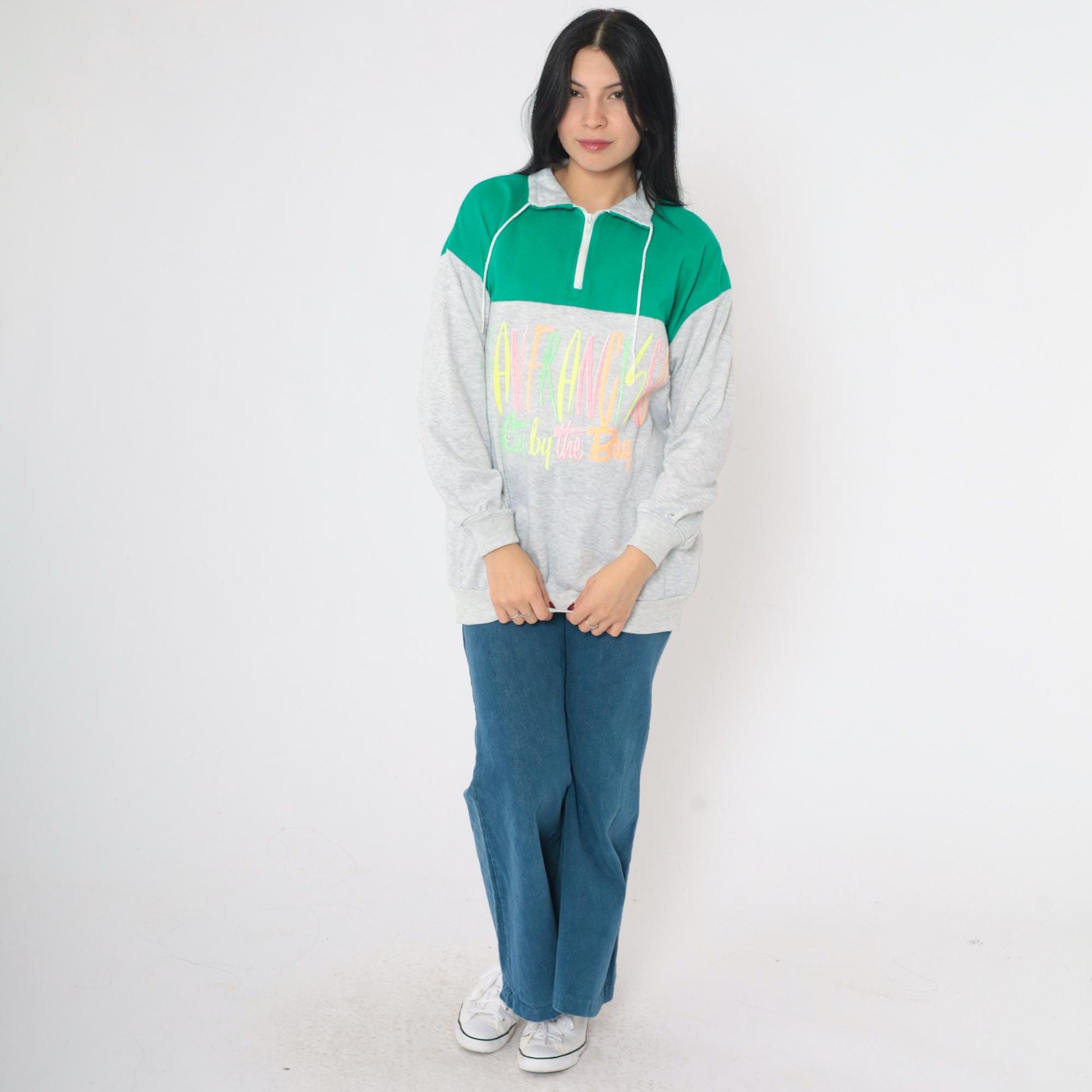 80s San Francisco Color Block Sweatshirt Half Zip Neon Graphic Medium Large
