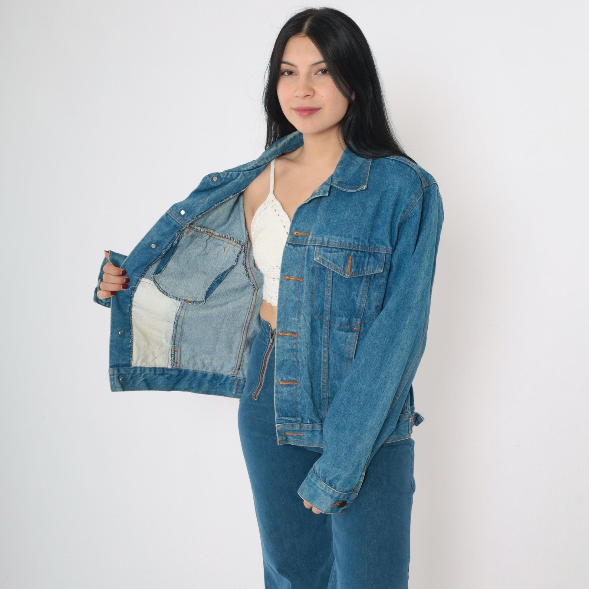 90s Blue Denim Jacket Button-Up Cotton Medium M