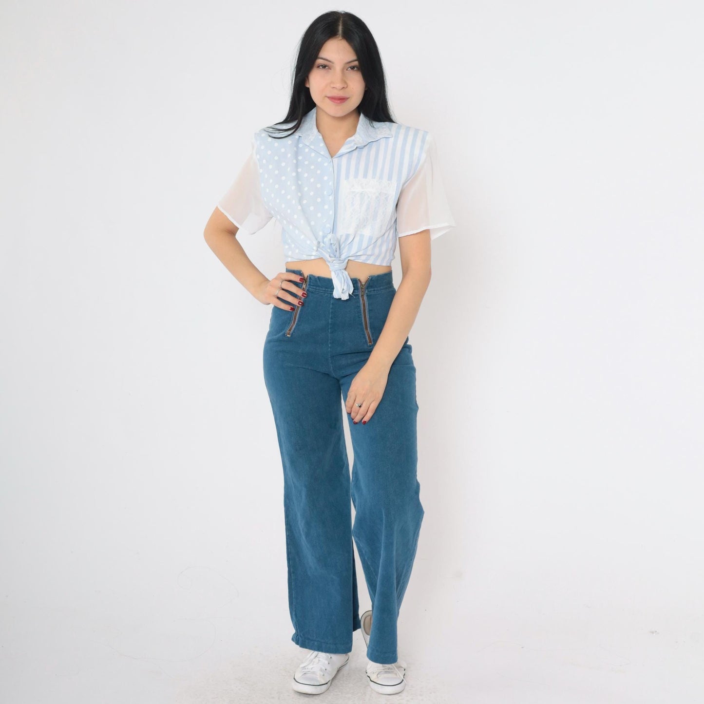 90s Baby Blue Polka Dot Striped Button Up Crop Top Chiffon Lace Small