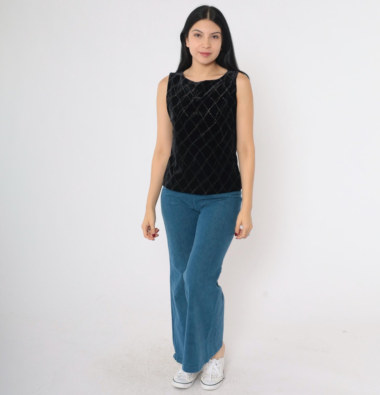 90s Black Velvet Tank Top Checkered Sparkly Glitter Sleeveless Small