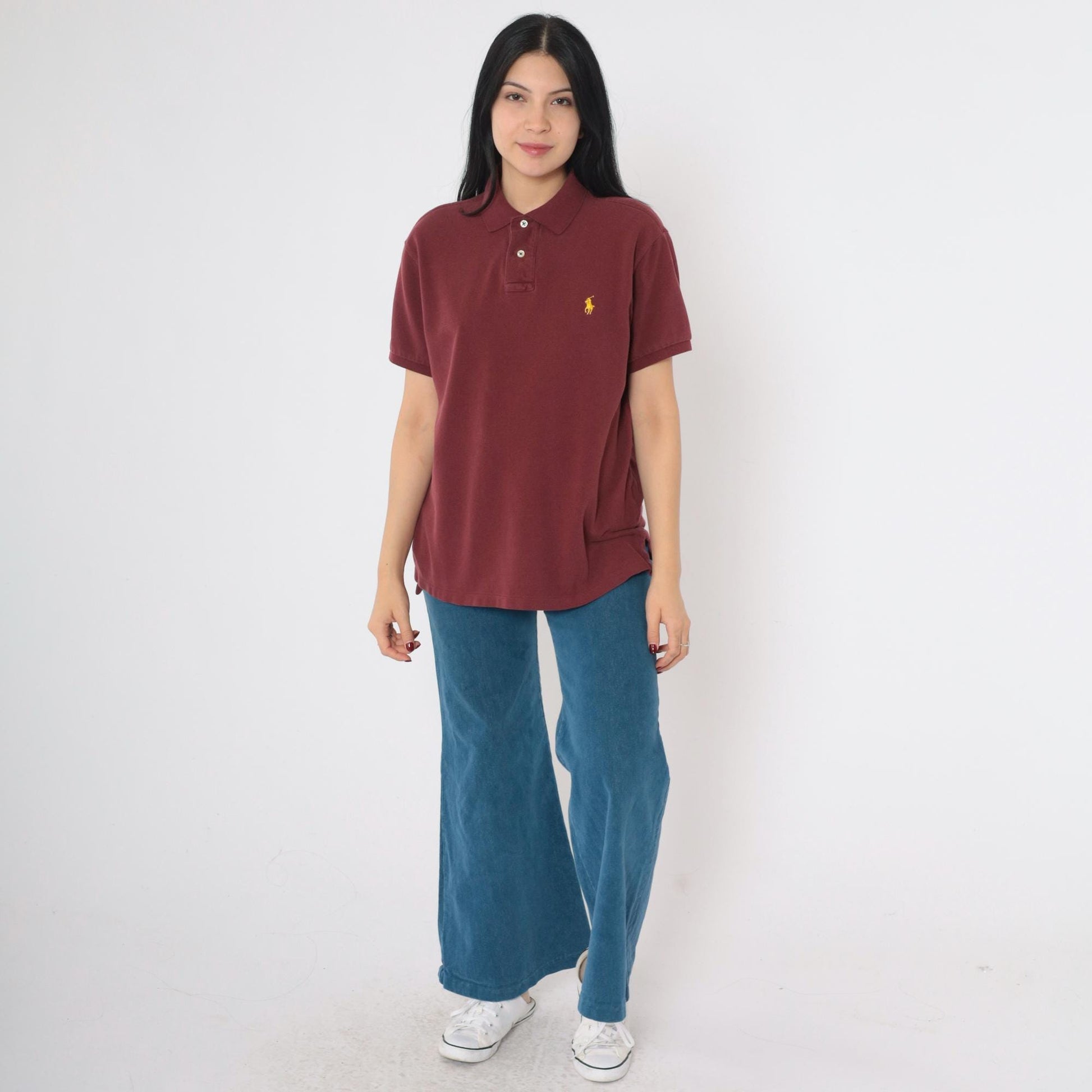 90s Polo Ralph Lauren Burgundy Cotton Polo Shirt Yellow Logo Medium M