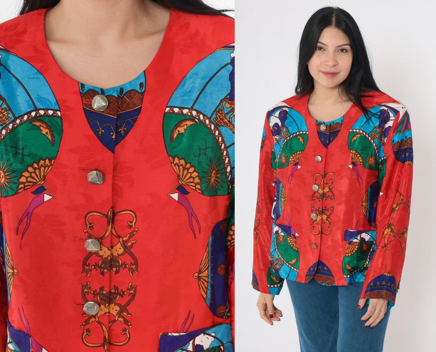 90s Hot Air Balloon Cherub Celestial Jacket Red Multicolor Button Up Medium