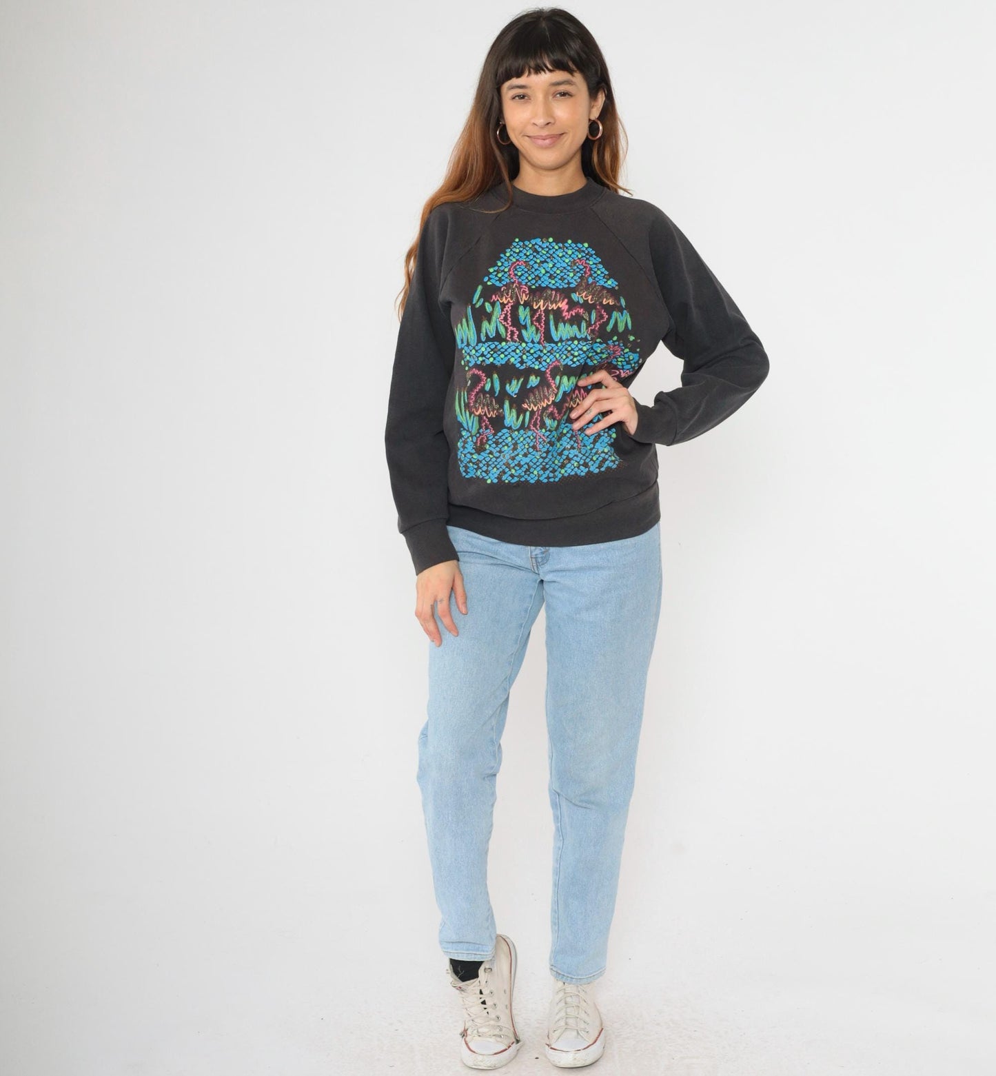 90s Flamingo Sweatshirt Black Glitter Graphic Raglan Crewneck Large