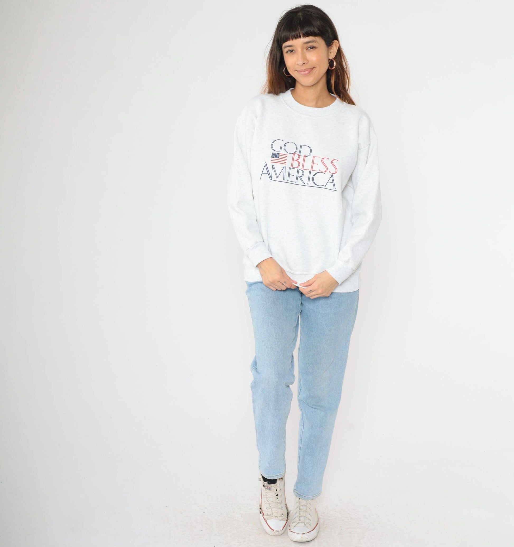 90s God Bless America Sweatshirt Heather Grey Graphic Crewneck Large