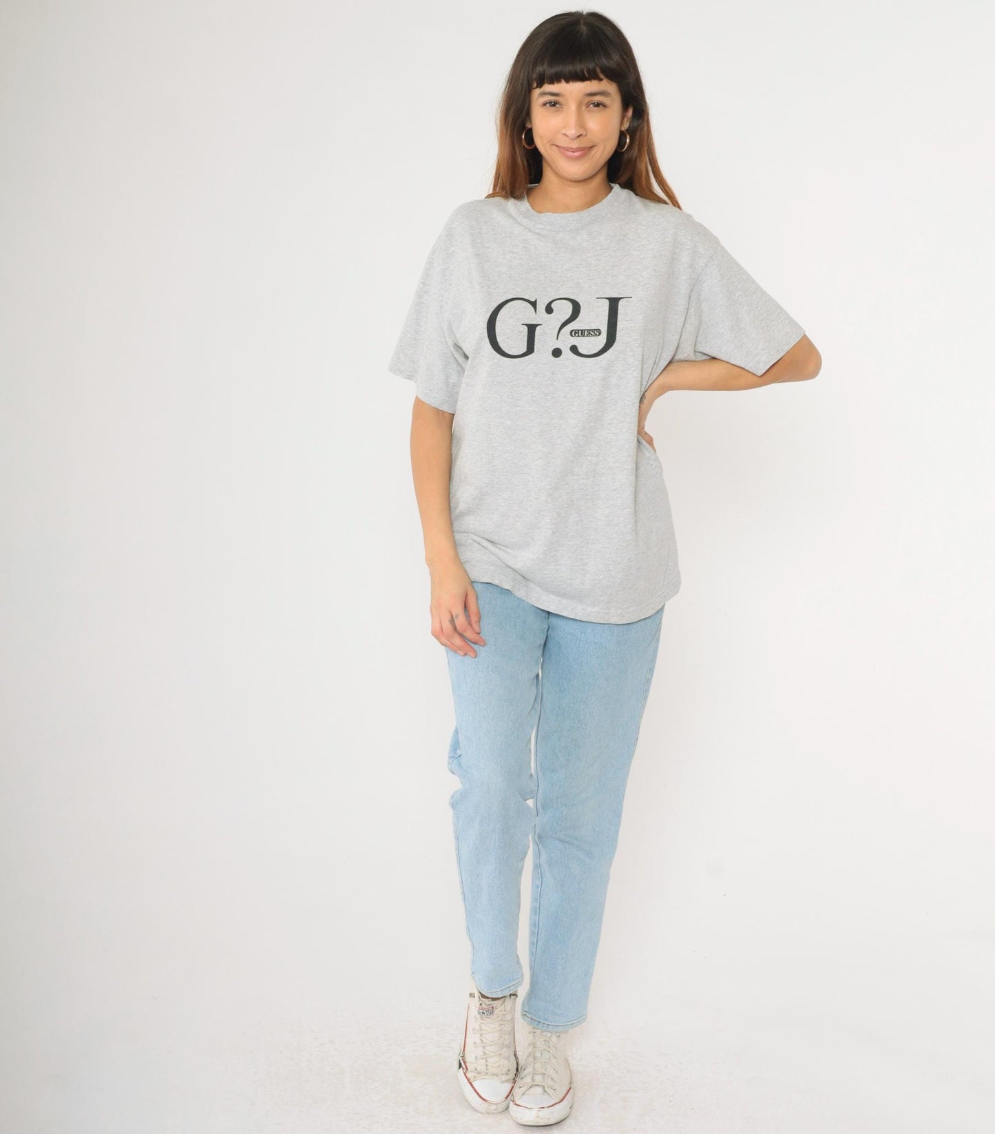 90s Guess Jeans Logo T-Shirt Heather Grey Spellout Graphic Medium M