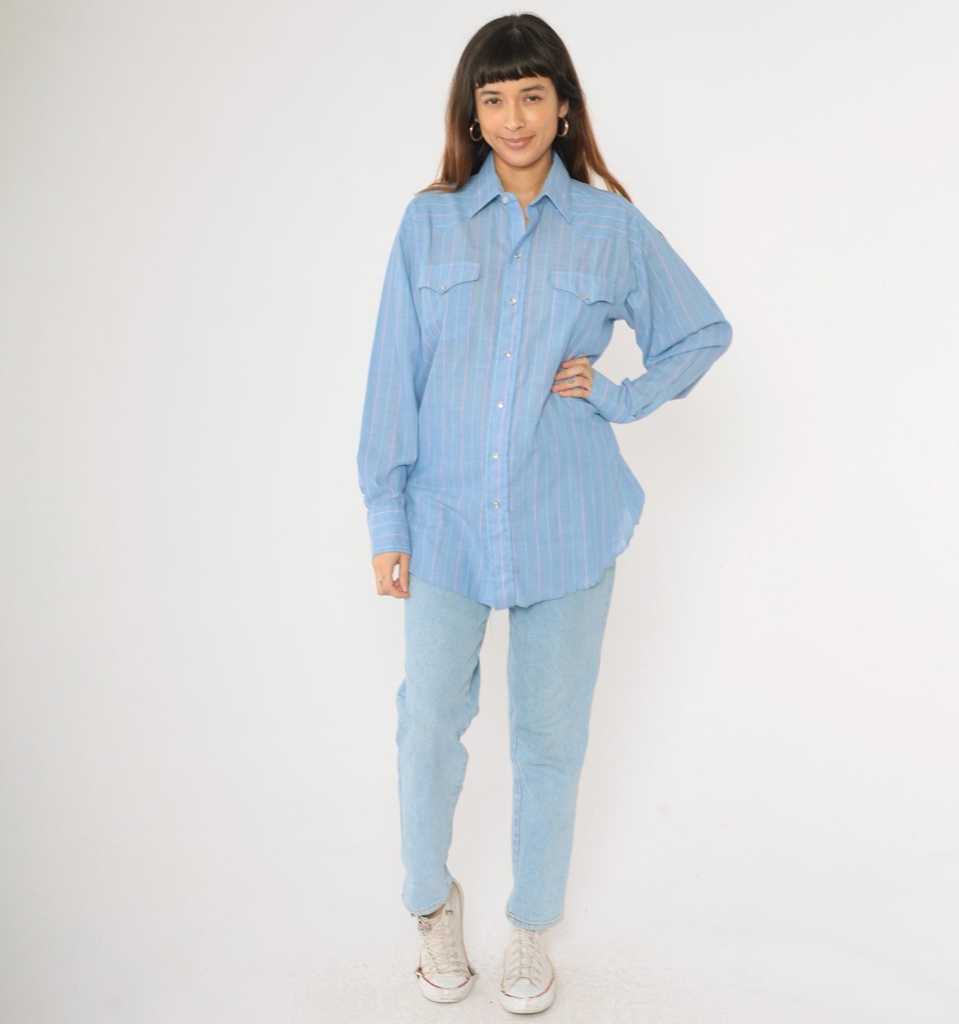 90s Panhandle Slim Western Shirt Blue Striped Pearl Snap Cowboy Large