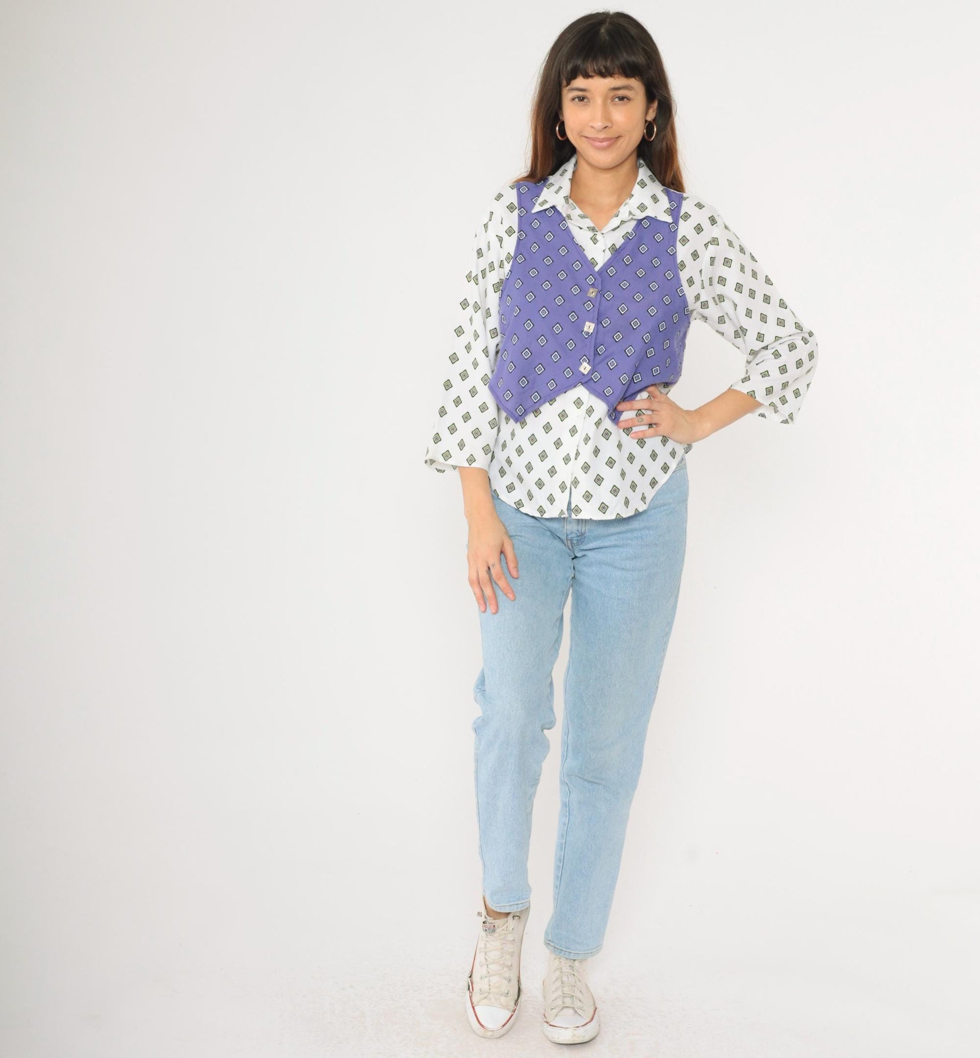 90s New Moves Geometric Button Up Shirt White Purple Attached Vest Medium