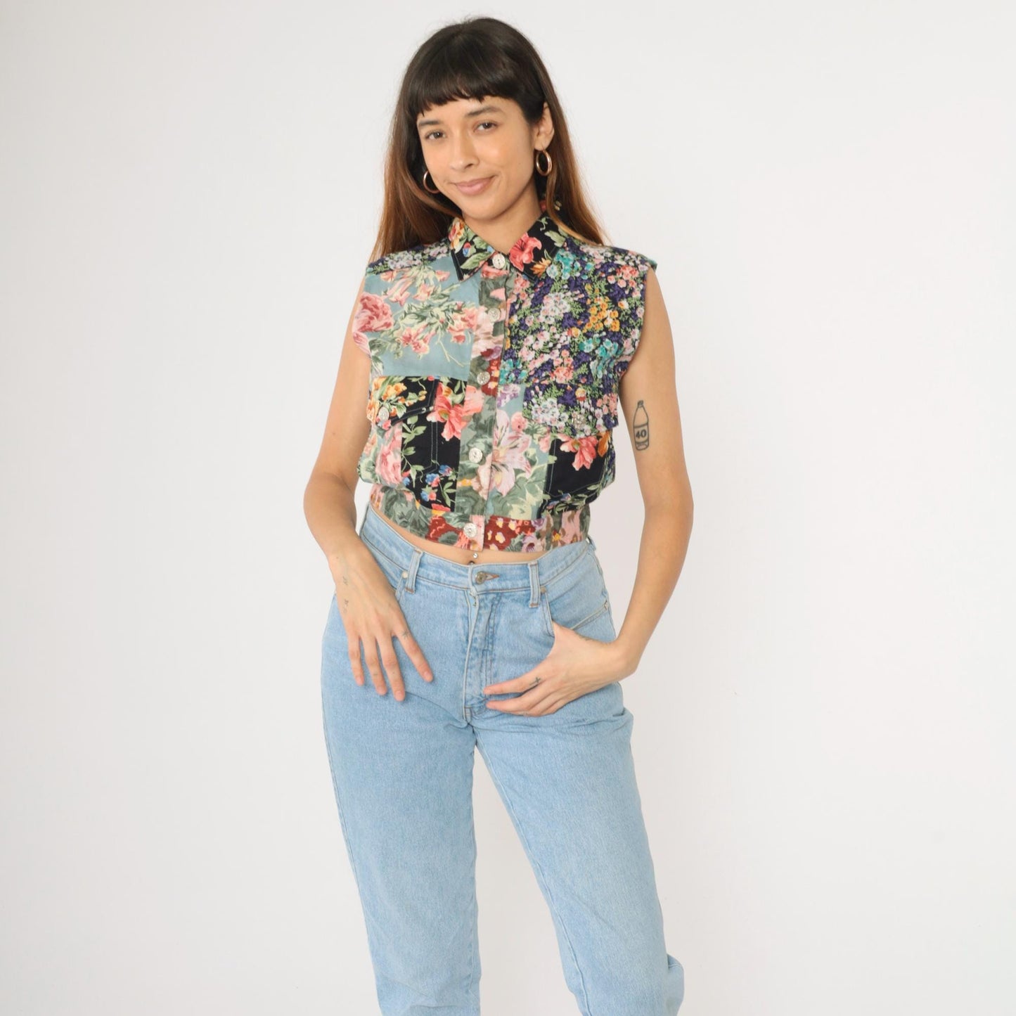 90s Cotton Express Floral Patchwork Crop Vest Button-Up Sleeveless Medium