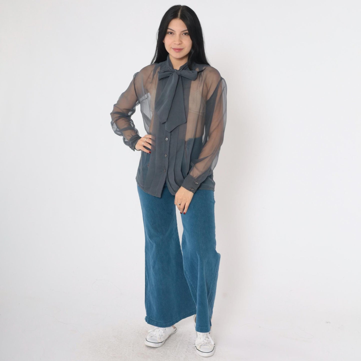 80s Maurice Antaya Sheer Chiffon Blouse Grey Ascot Bow Long Sleeve Medium