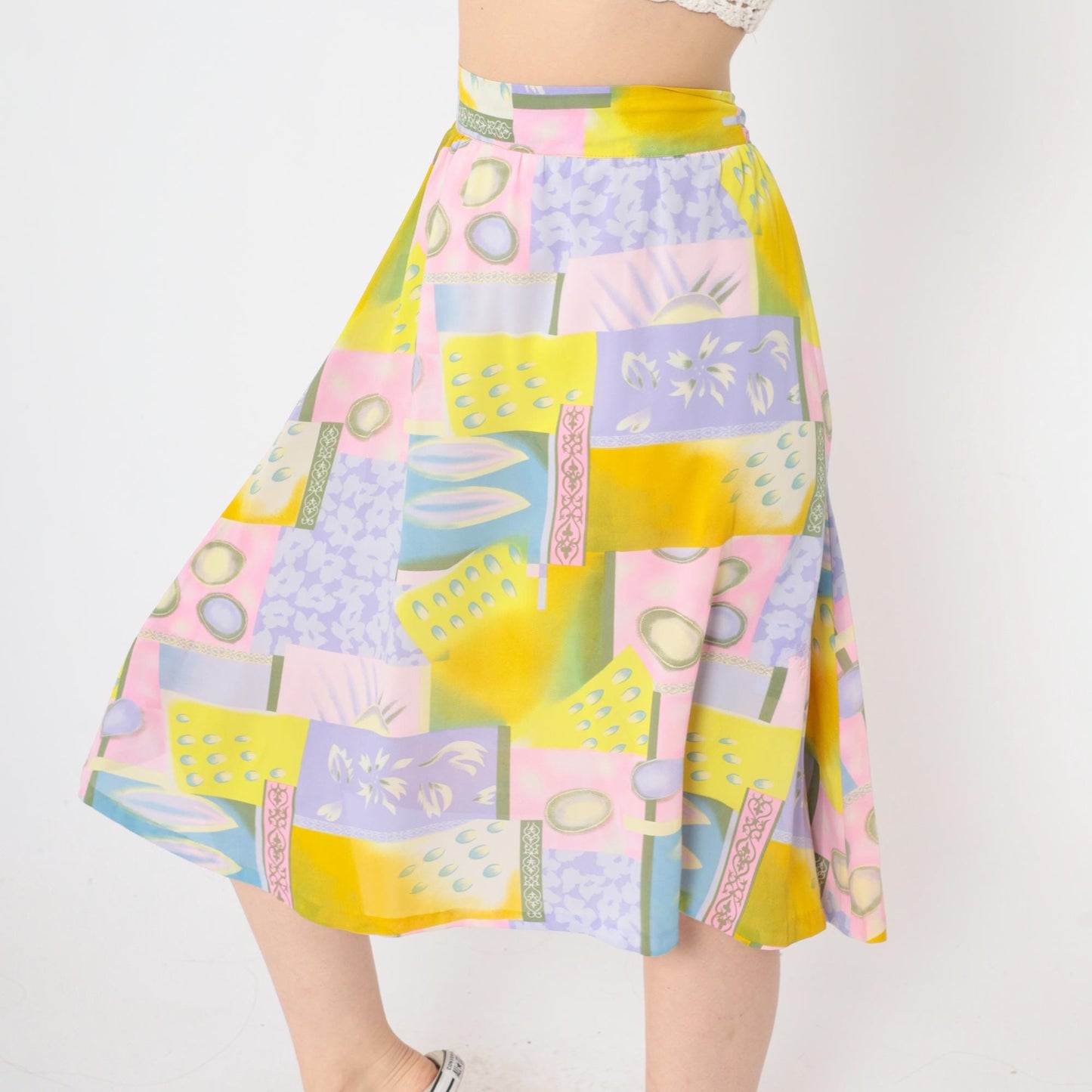90s Abstract Geometric Midi Skirt Pastel Color Block High Waist Large L