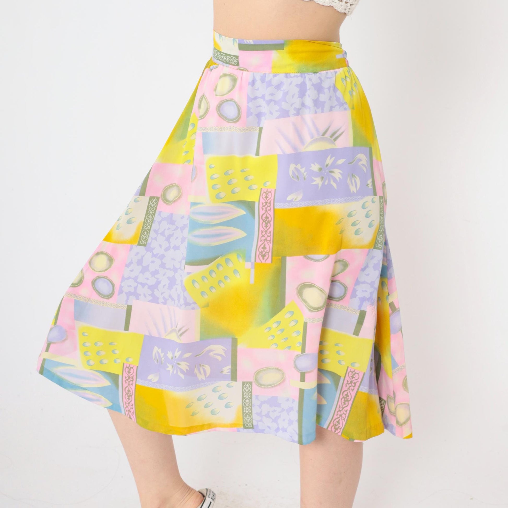 90s Abstract Geometric Midi Skirt Pastel Color Block High Waist Large L