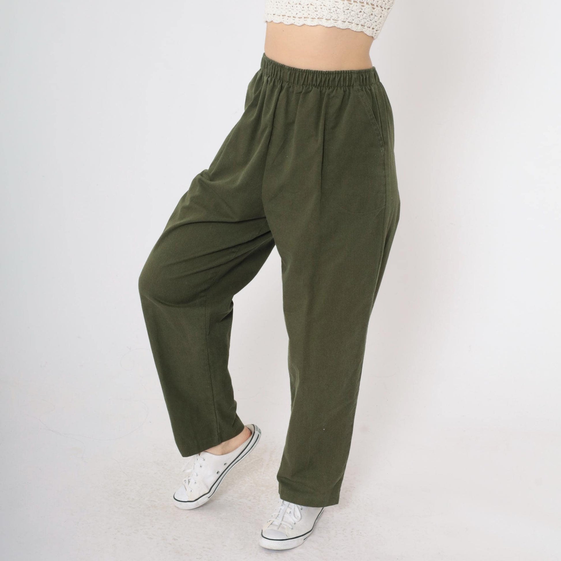 90s Olive Green High-Waist Straight Leg Pants Elastic Waist Small Petite