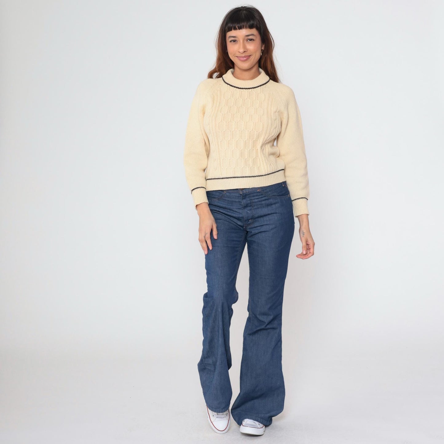 60s Cable Knit Sweater Cream Pullover Raglan Honeycomb Texture Small
