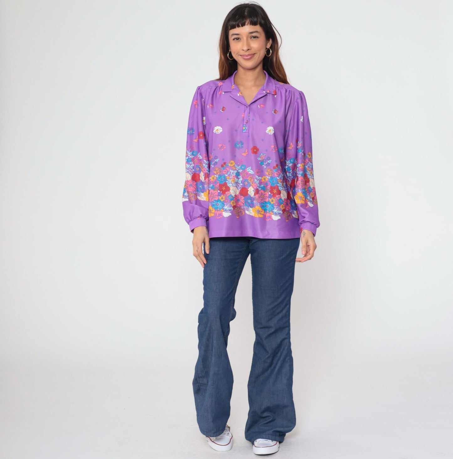 70s Penny Lou Floral Butterfly Blouse Purple Puff Sleeve Button Up Extra Large