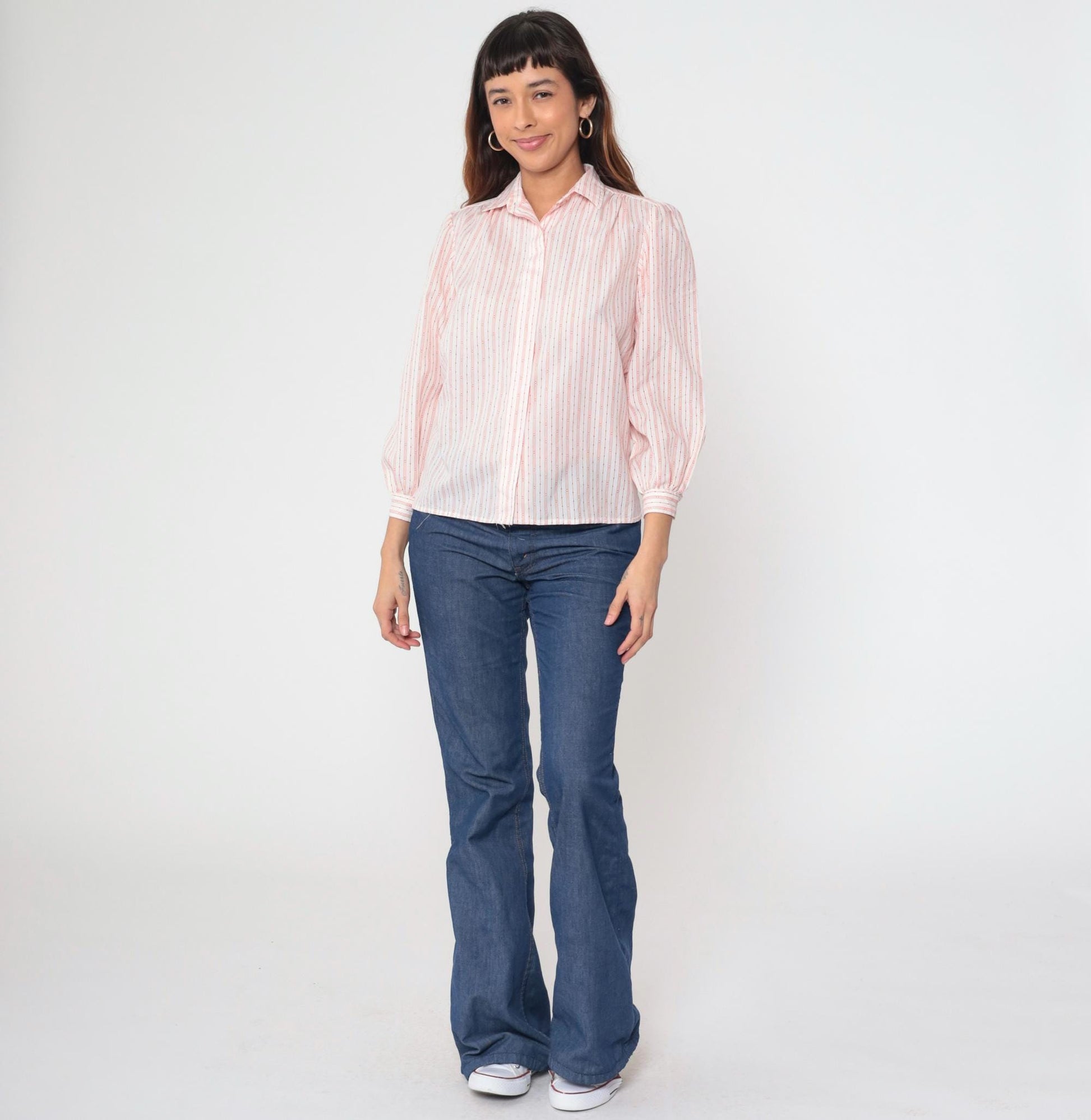 80s Striped Puff Sleeve Button-Up Blouse White Red Small S