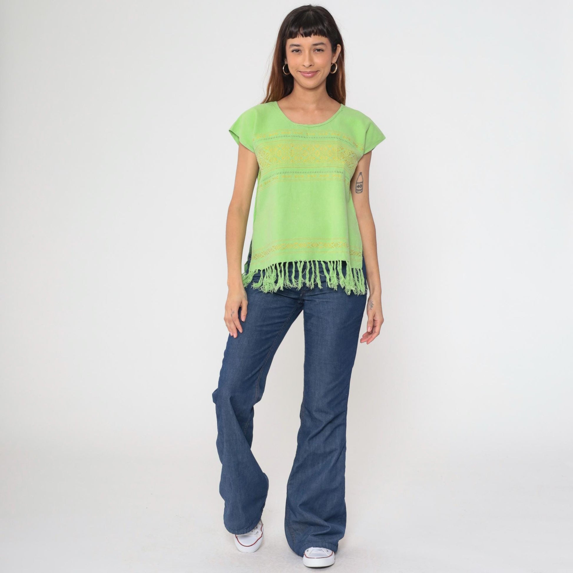 80s Lime Green Embroidered Mexican Tunic Top Geometric Cutwork Cap Sleeve Medium