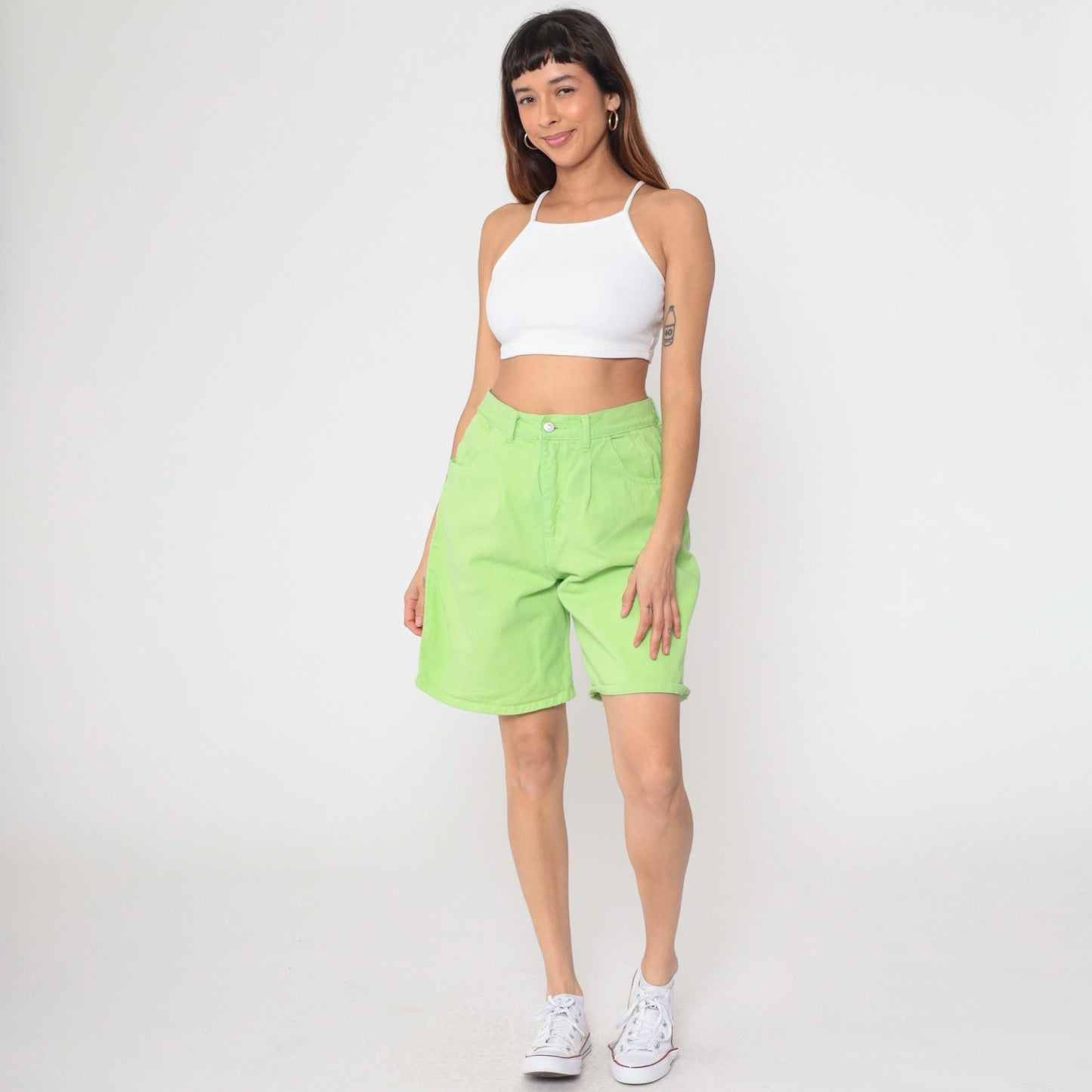 90s Lime Green Denim Shorts High Waist Jean Shorts Cotton Large 12