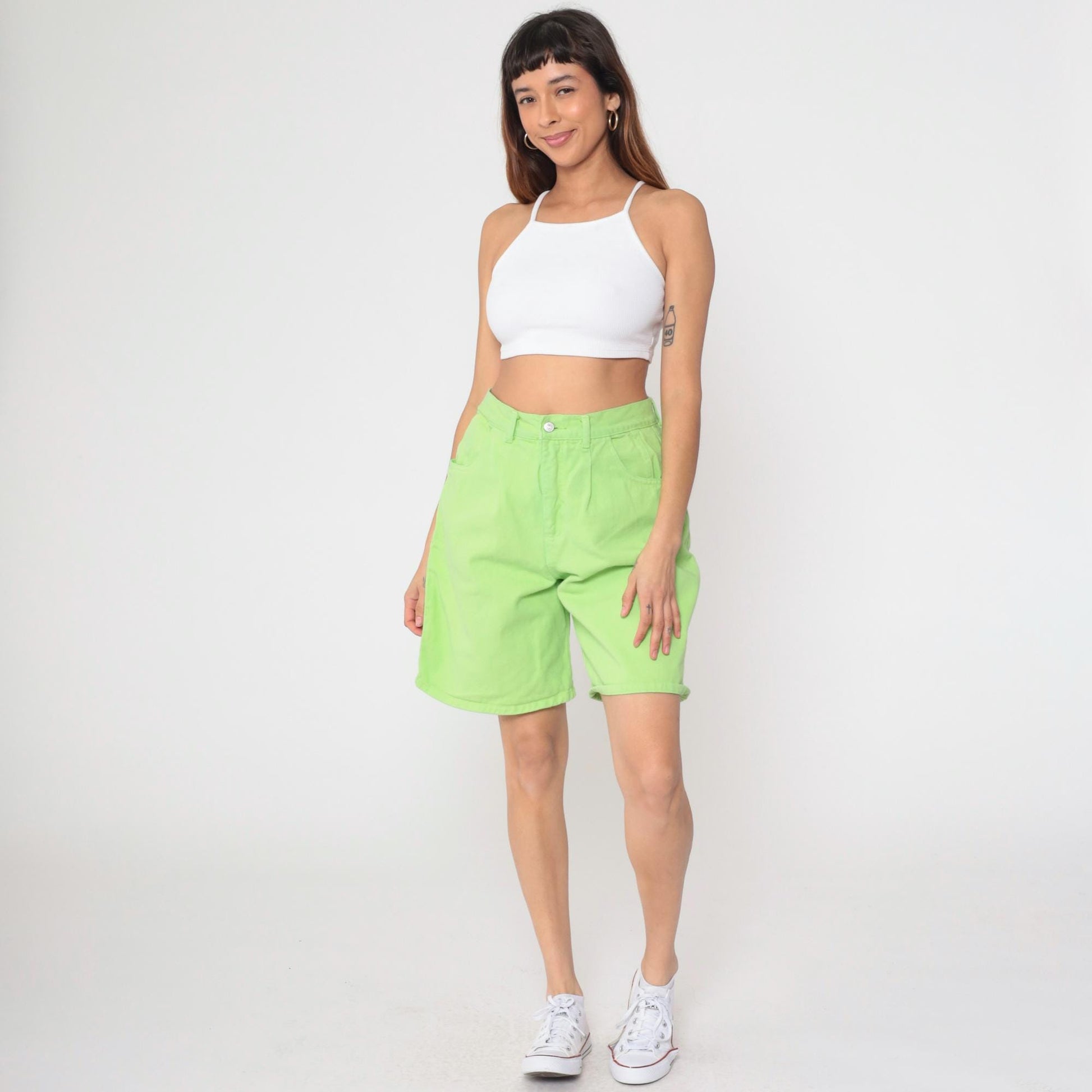 90s Lime Green Denim Shorts High Waist Jean Shorts Cotton Large 12