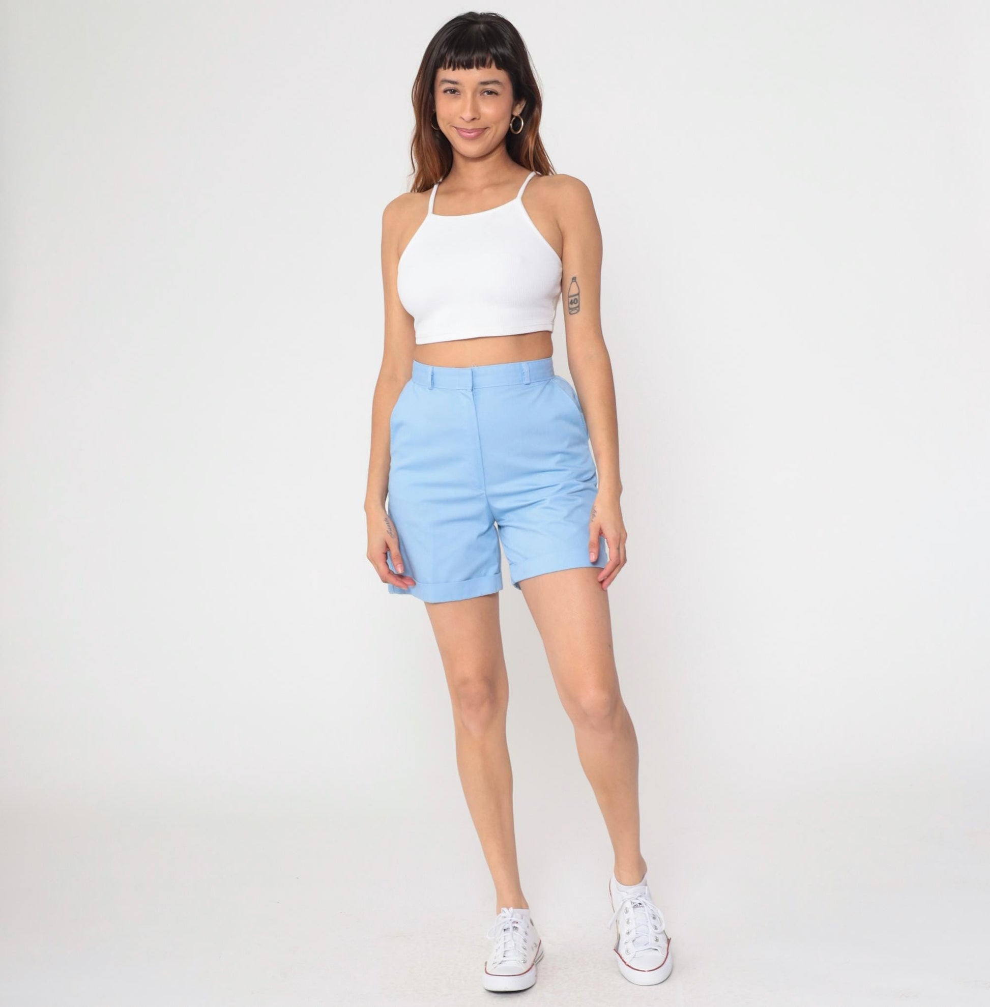 70s Wrangler High-Waisted Shorts Baby Blue Cuffed Cotton Small
