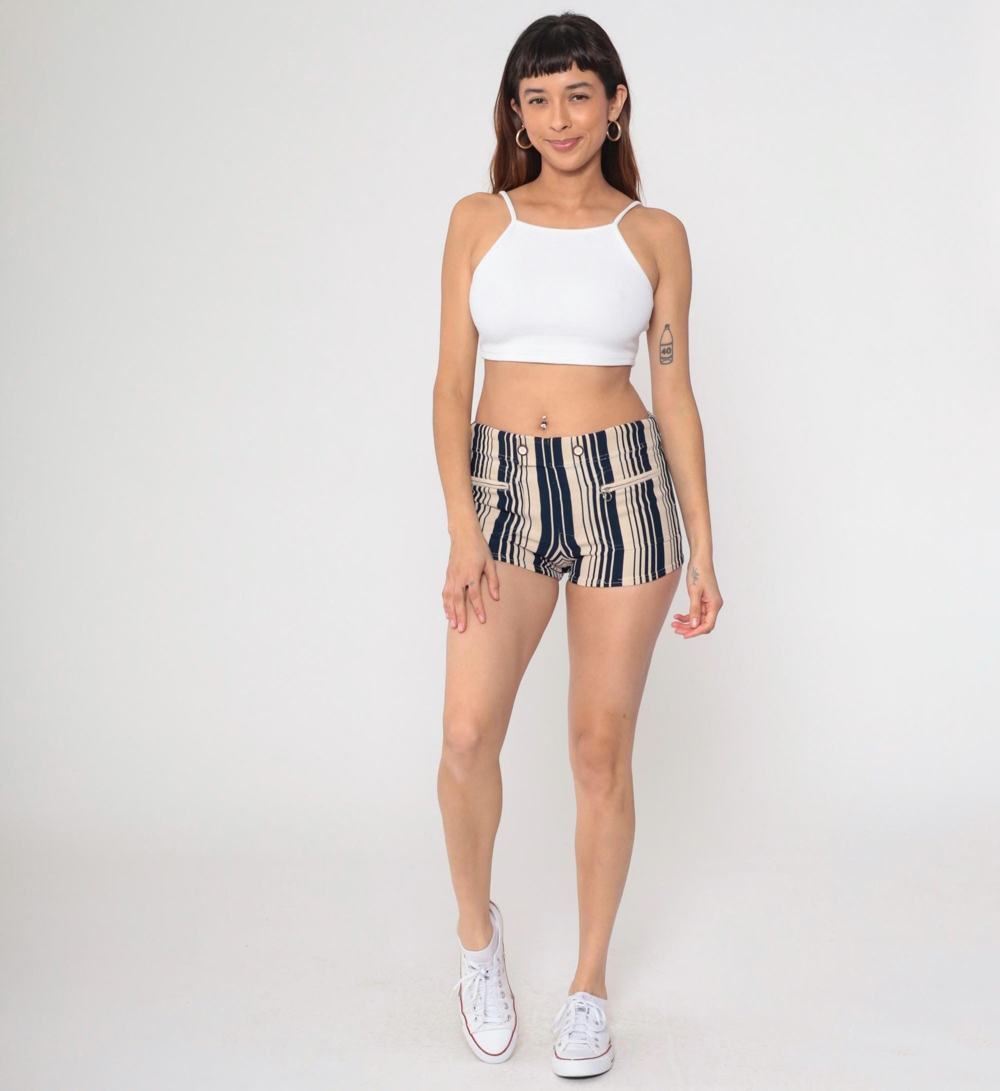 70s Catalina Striped Swim Shorts Navy Beige High-Waisted Bikini Bottom Small