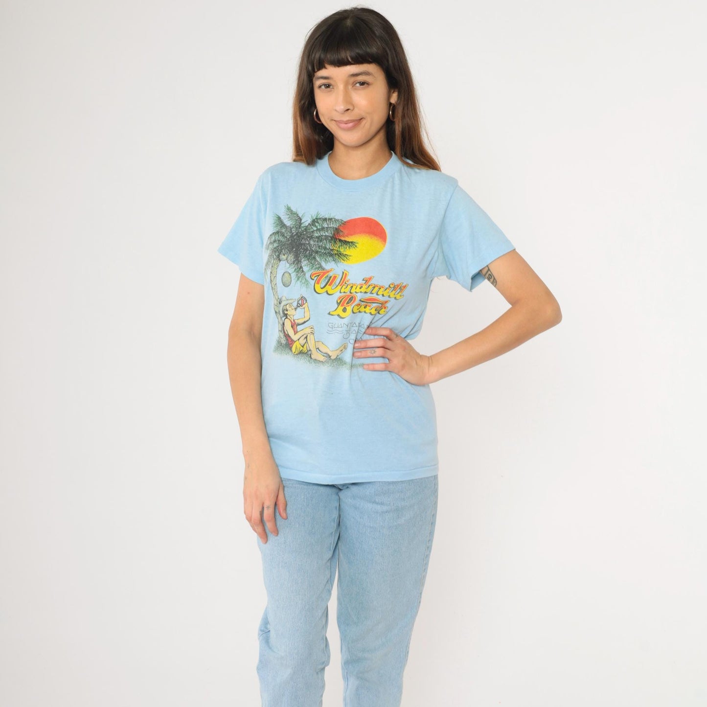 80s Guantanamo Bay Cuba Windmill Beach Graphic T-Shirt Baby Blue Small