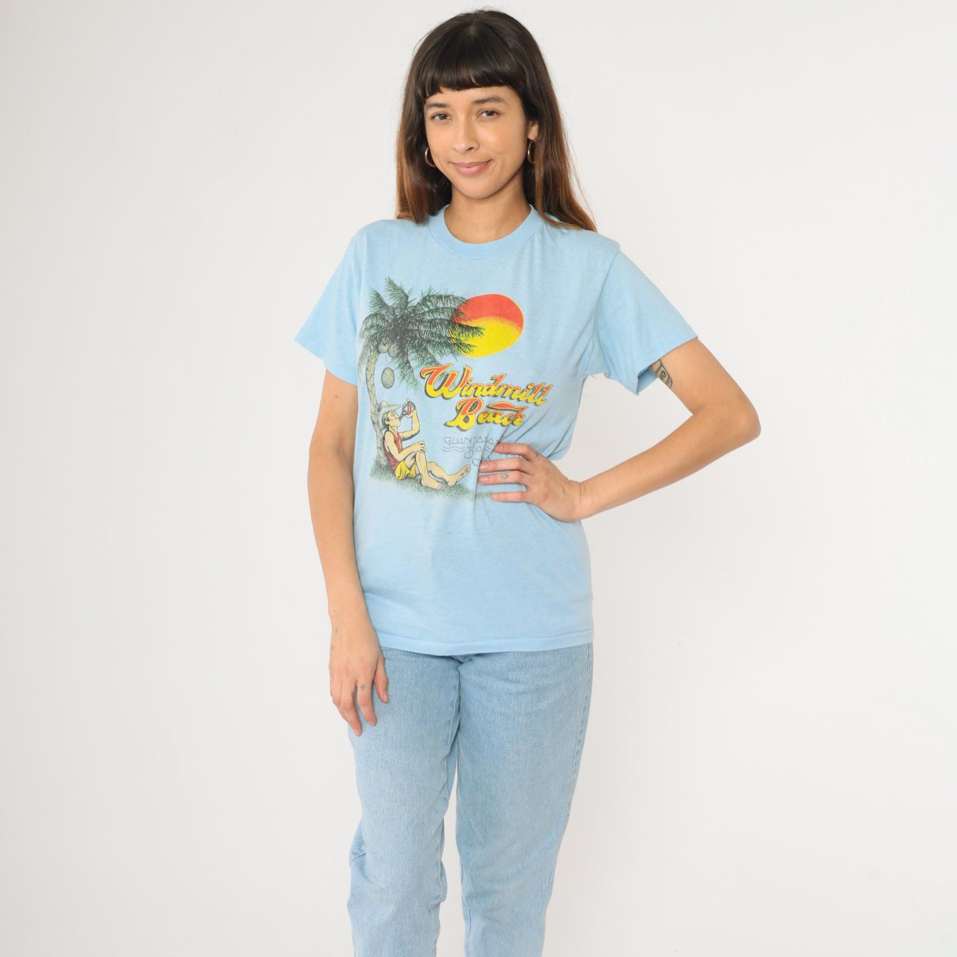80s Guantanamo Bay Cuba Windmill Beach Graphic T-Shirt Baby Blue Small