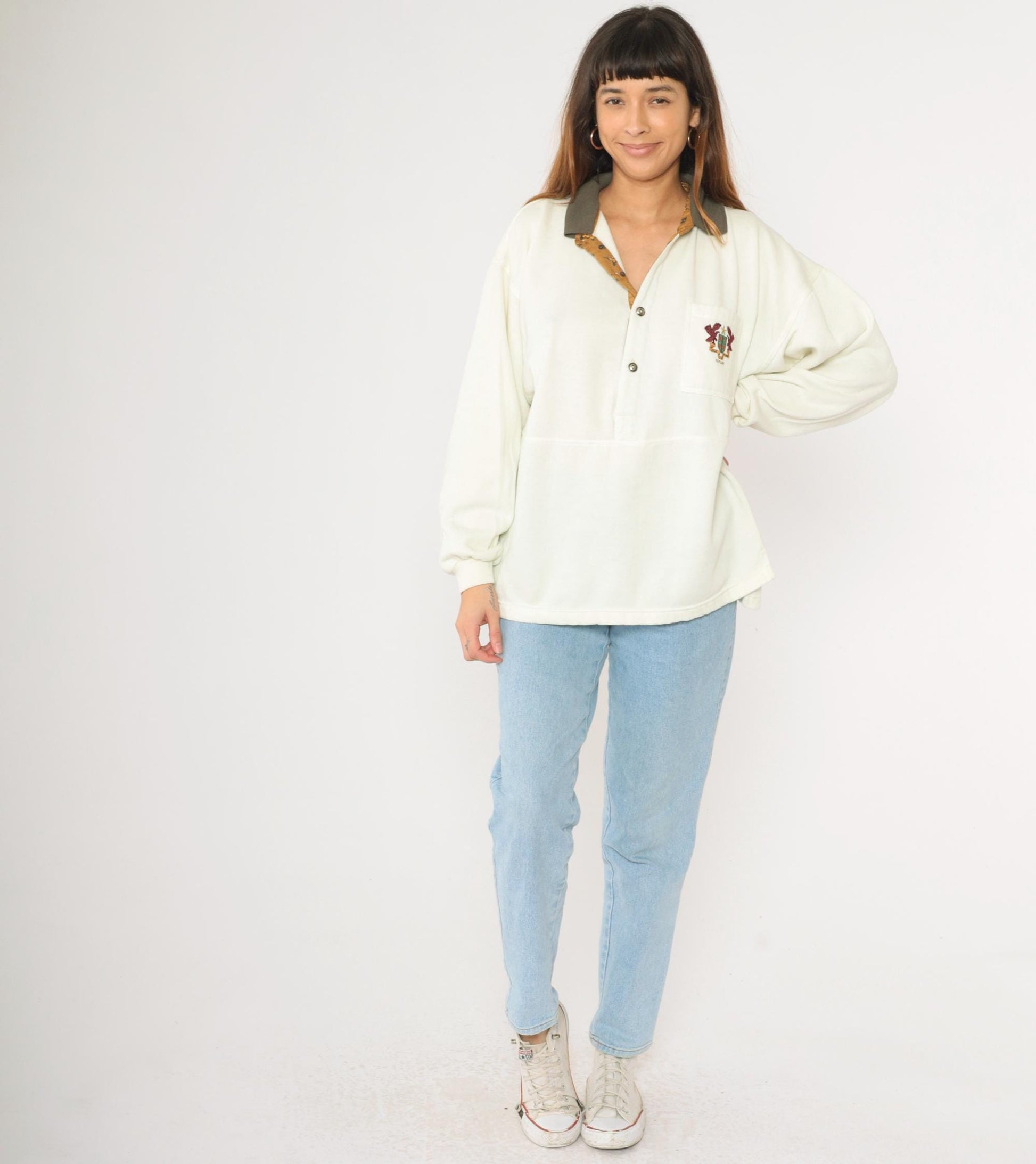90s Cotler Collared Sweatshirt Embroidered Crest Cream Polo Extra Large XXL