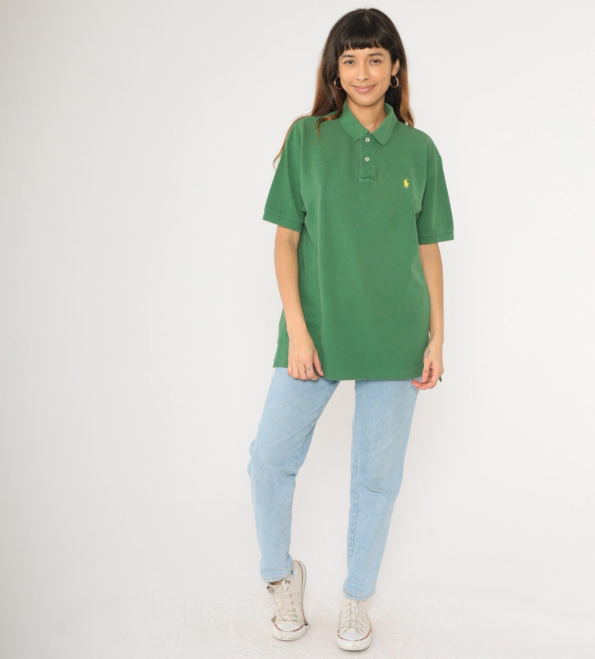 90s Ralph Lauren Polo Shirt Green Cotton Quarter-Button Collared Large L