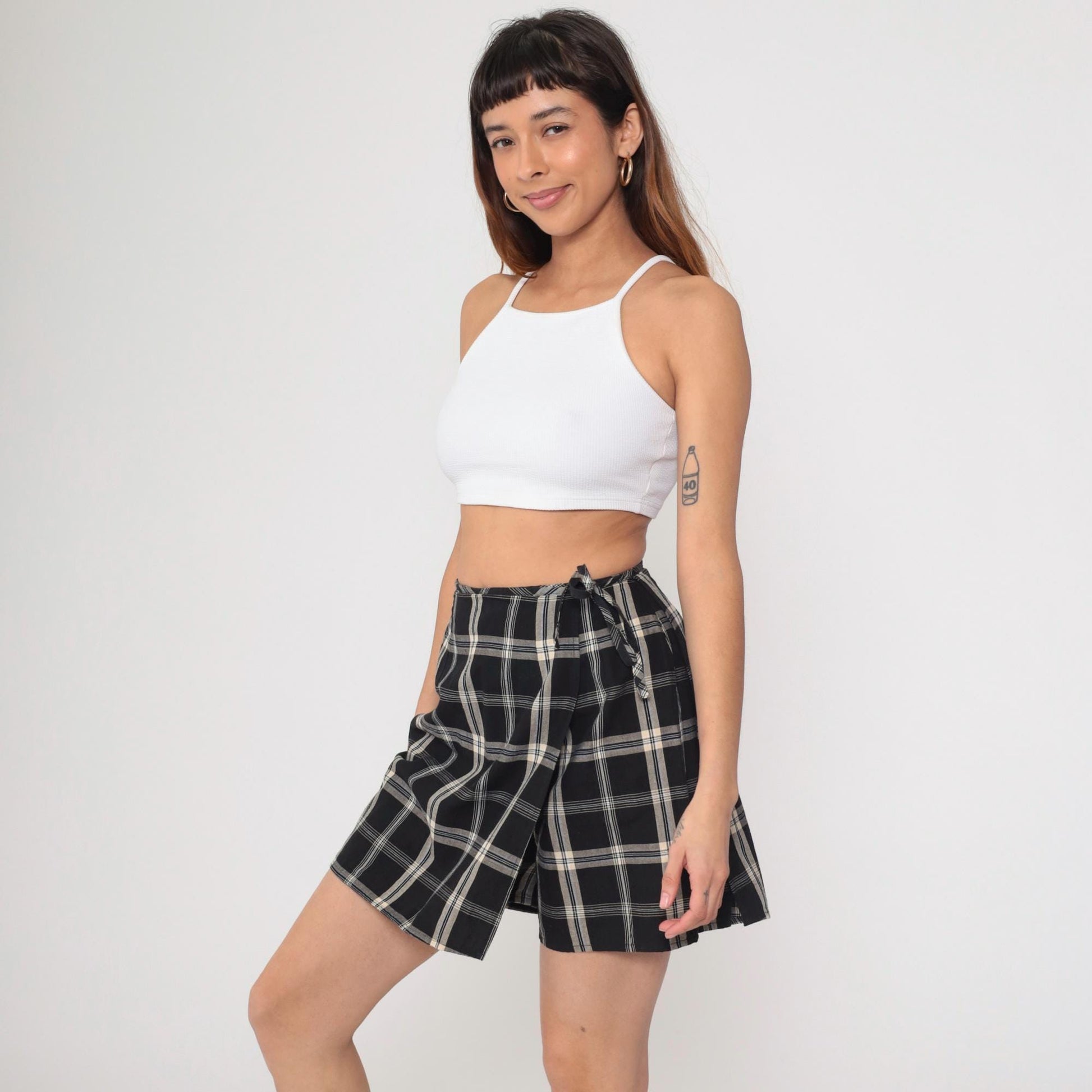 90s Black Checkered Wrap Skort High Waisted Plaid Mini Skirt Small 6