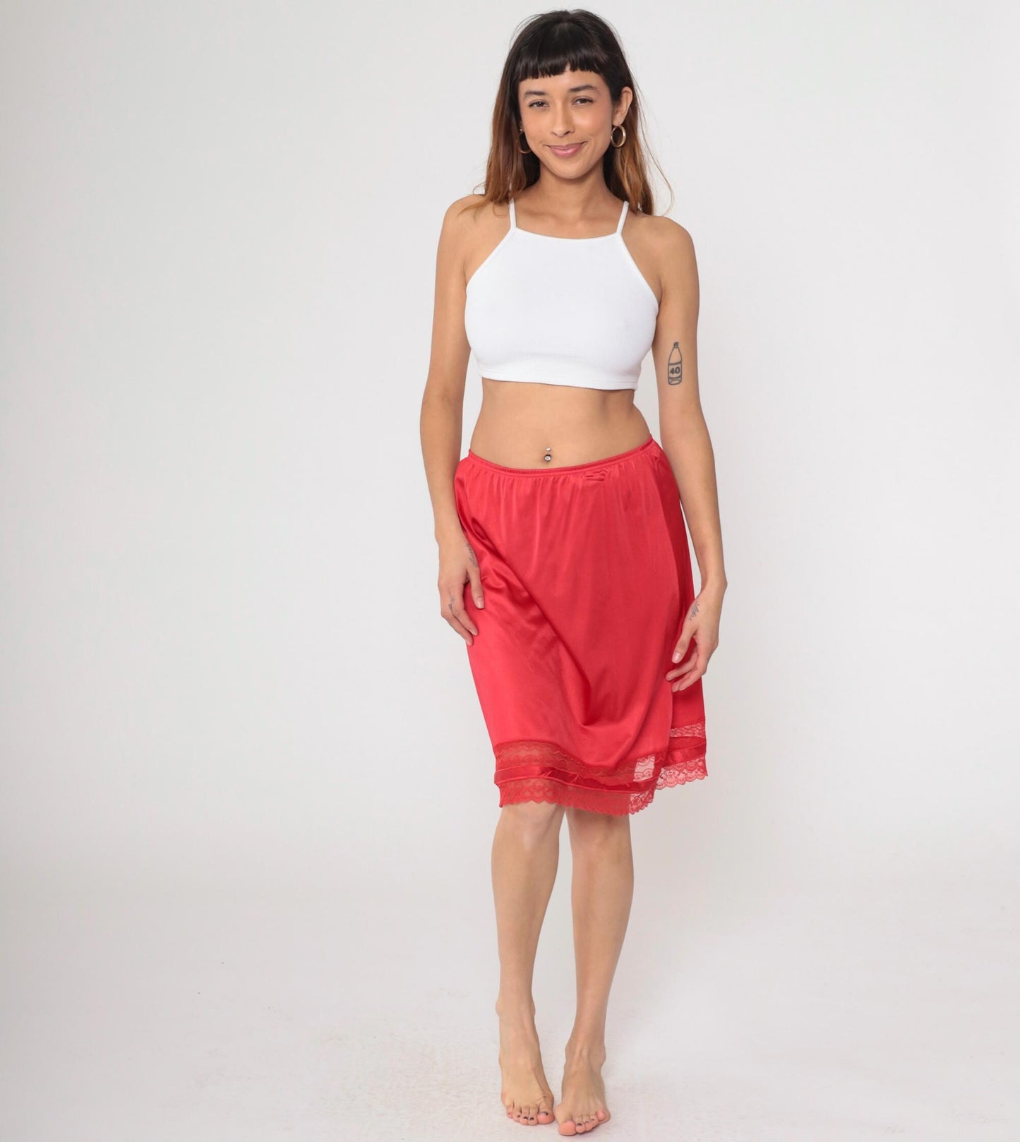 80s Vanity Fair Red Lace Half Slip Knee-Length Nylon Medium