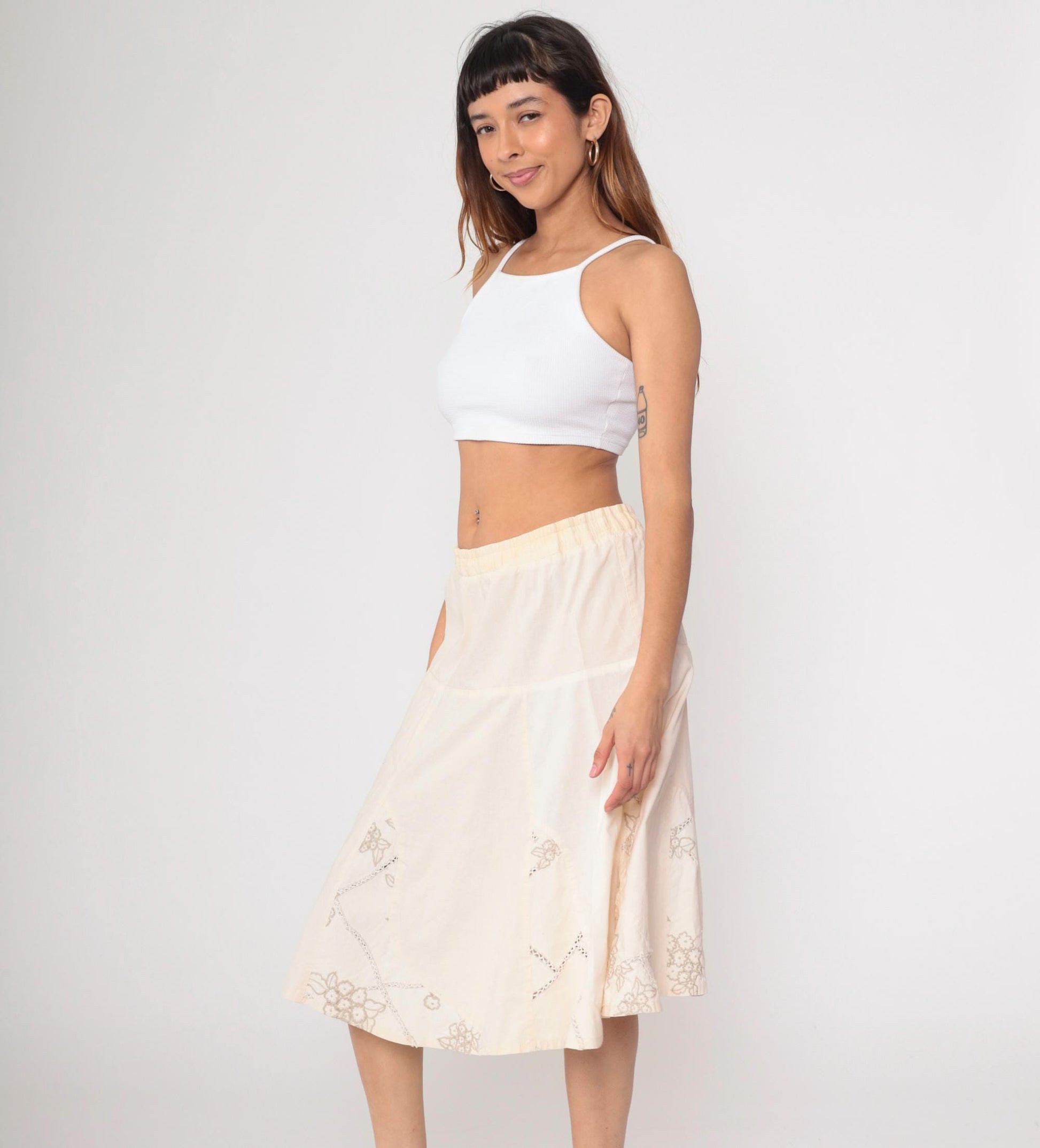 00s Floral Embroidered Cream A-Line Midi Skirt Elastic Waist Large L