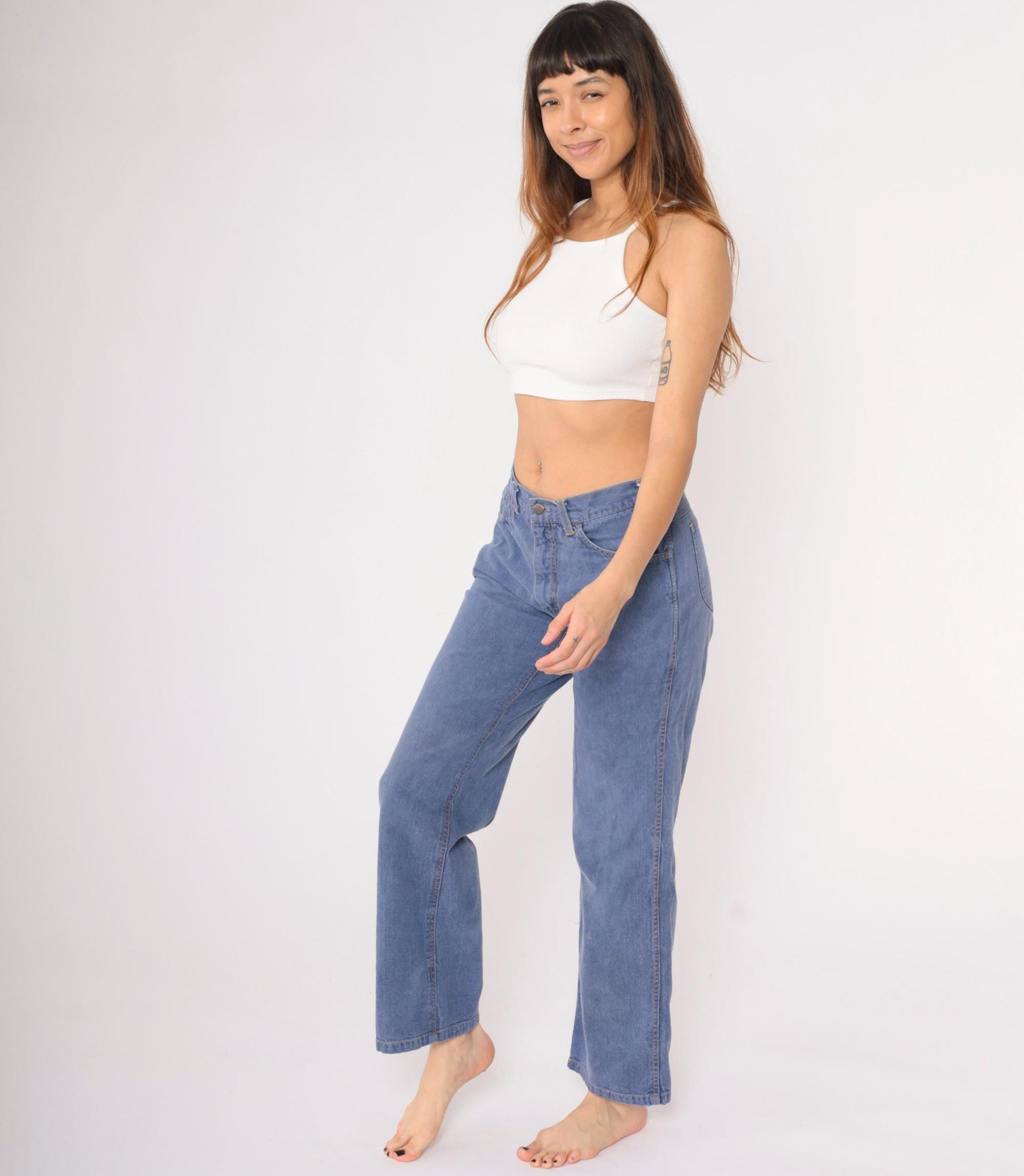 70s Bell Bottom Jeans Denim Mid Rise Blue Jean Team Medium