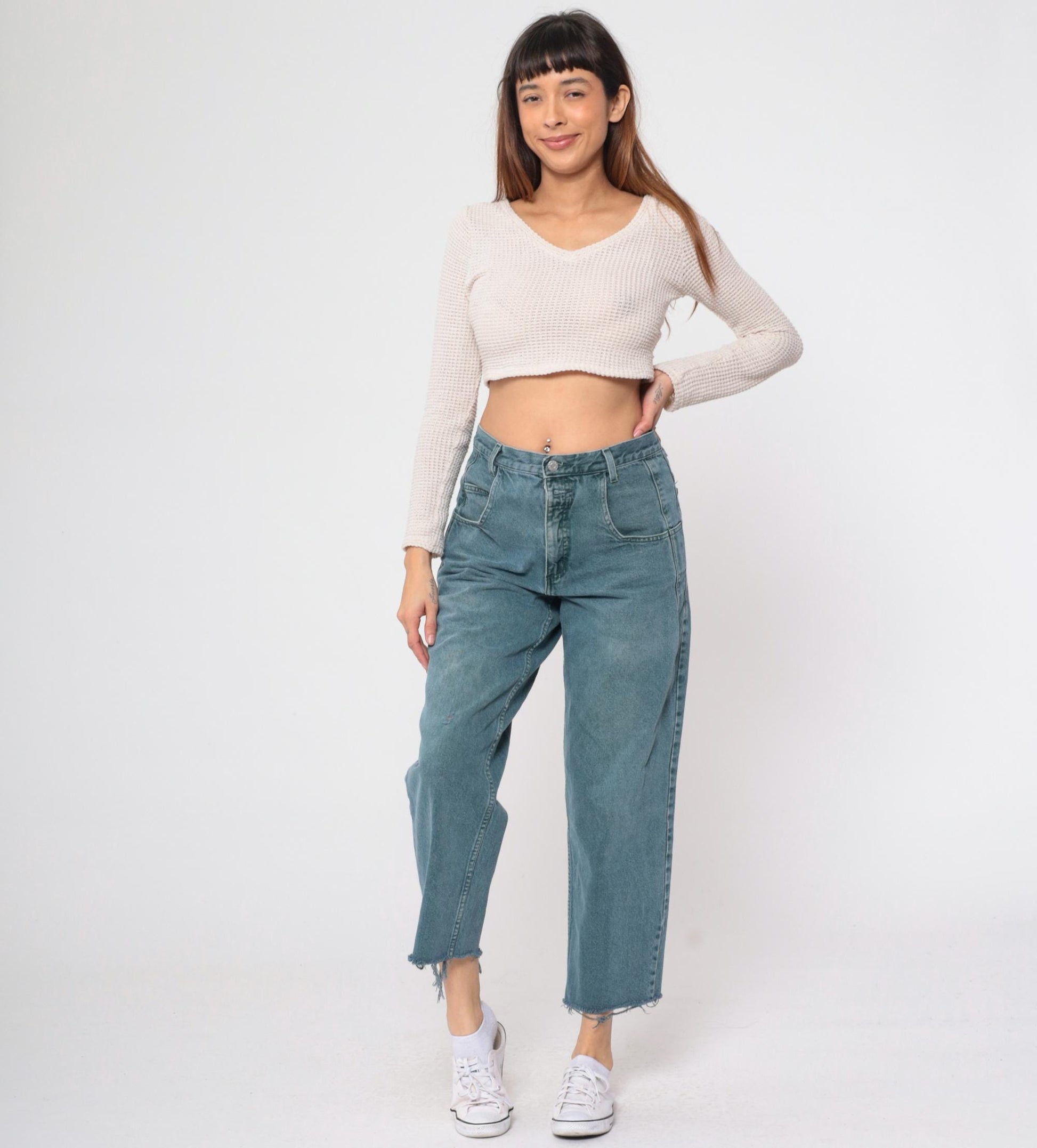 90s Guess Jeans High Rise Straight Leg Frayed Cutoff Blue-Green Denim 31
