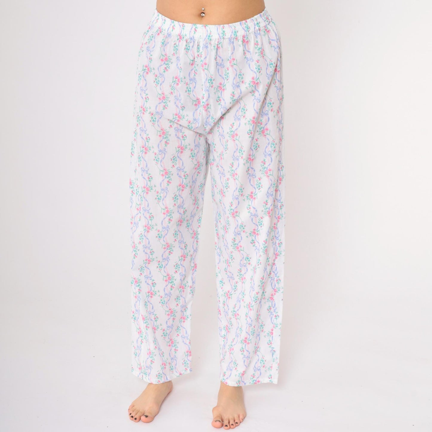 80s Floral Ribbon Pajama Pants White Elastic Waist Sleep Bottoms Medium