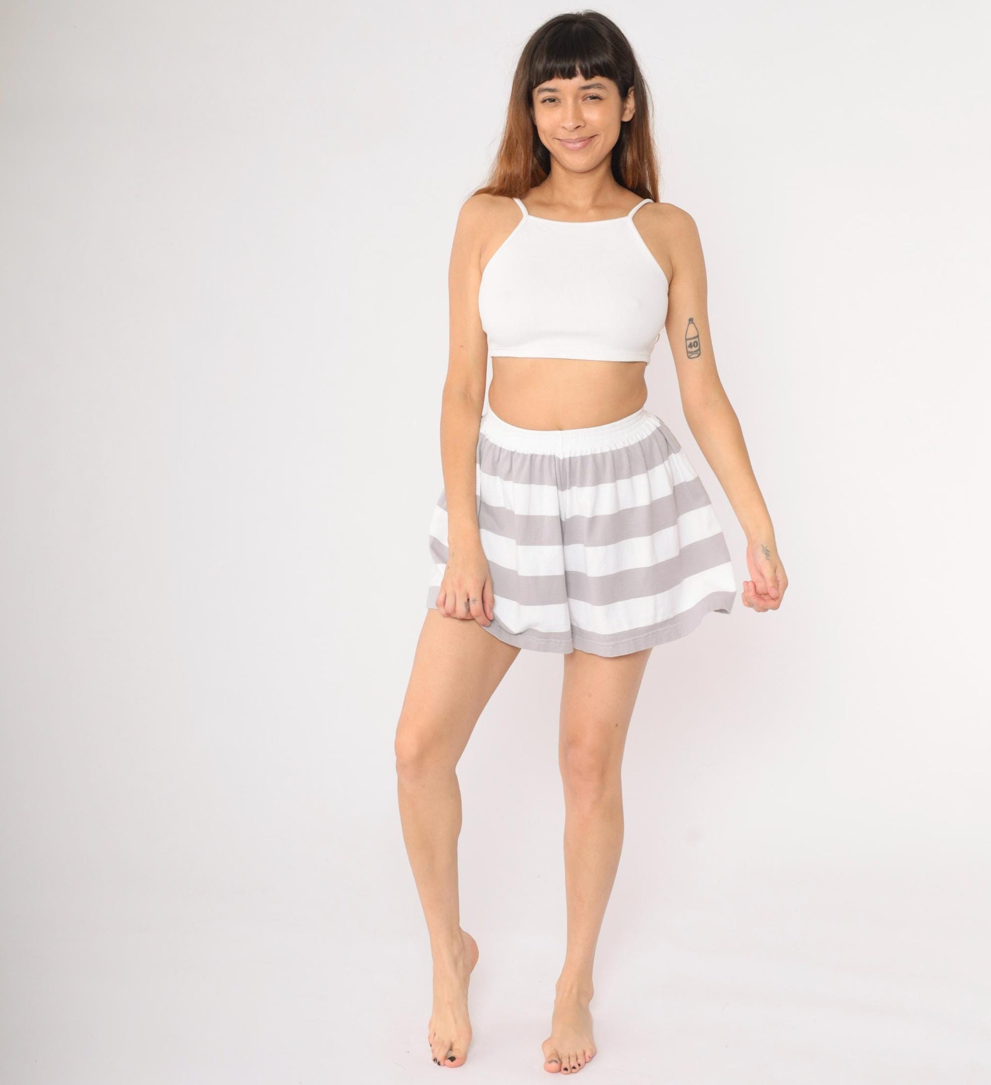 90s Liz Claiborne Striped Shorts Grey White Elastic Waist Cotton XS