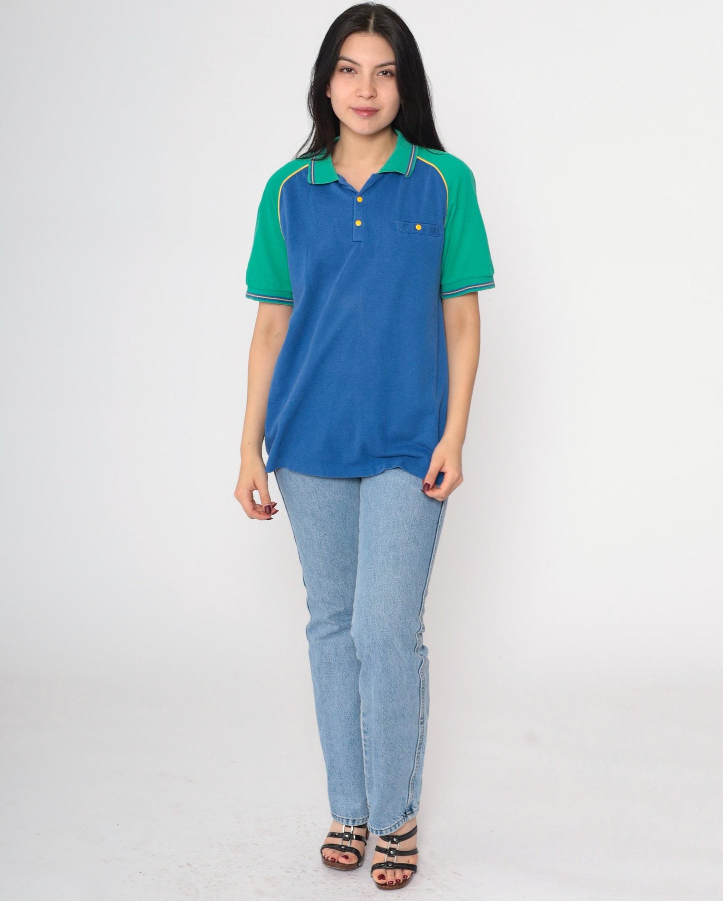 80s Bugle Boy Polo Shirt Colorblock Blue Green Raglan Medium