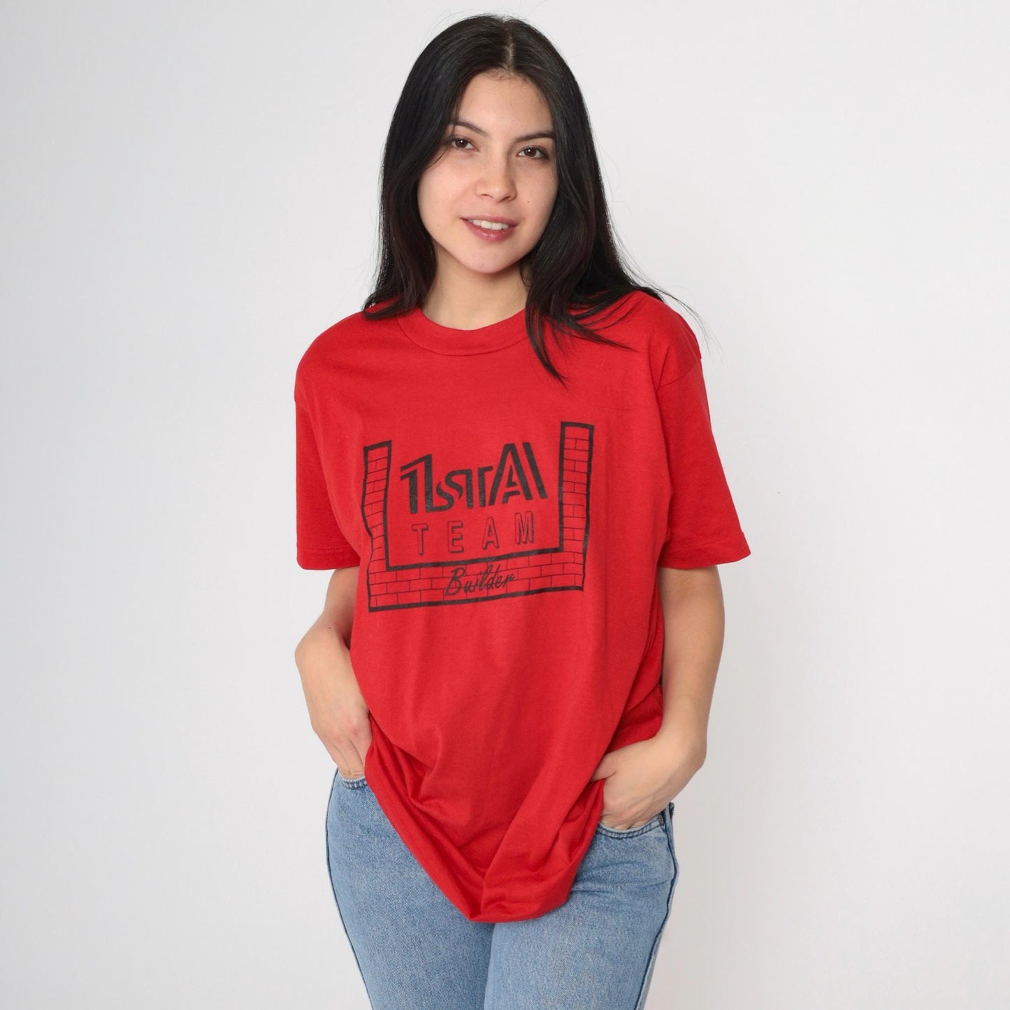 90s Screen Stars 1st A Team Builder T-Shirt Red Graphic Crewneck Extra Large XL